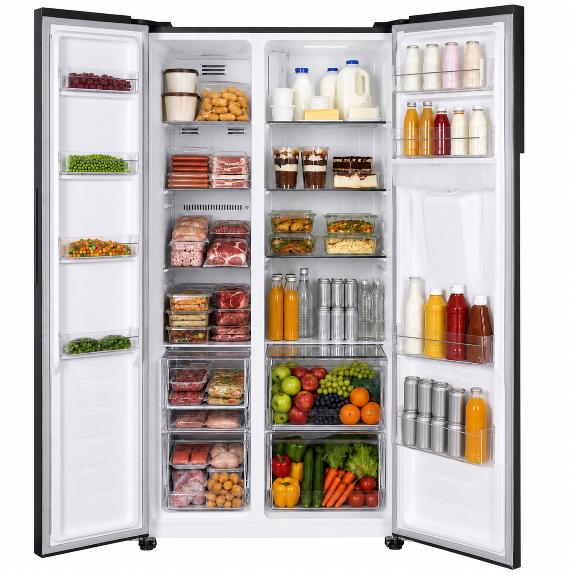 An open, well-stocked refrigerator with fresh food, vegetables, drinks, and packaged meat neatly organized on the shelves.