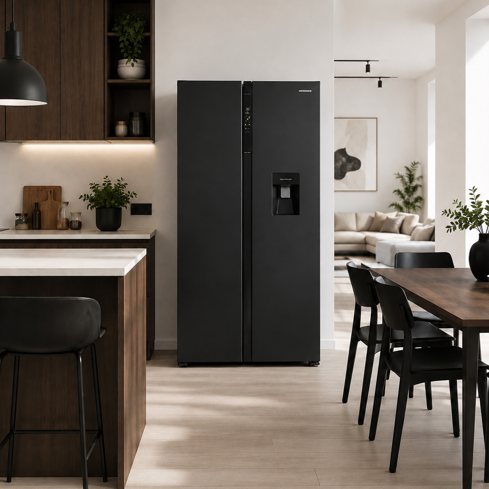 Modern kitchen featuring a black side-by-side refrigerator, wooden cabinets, and a dining area in the background.