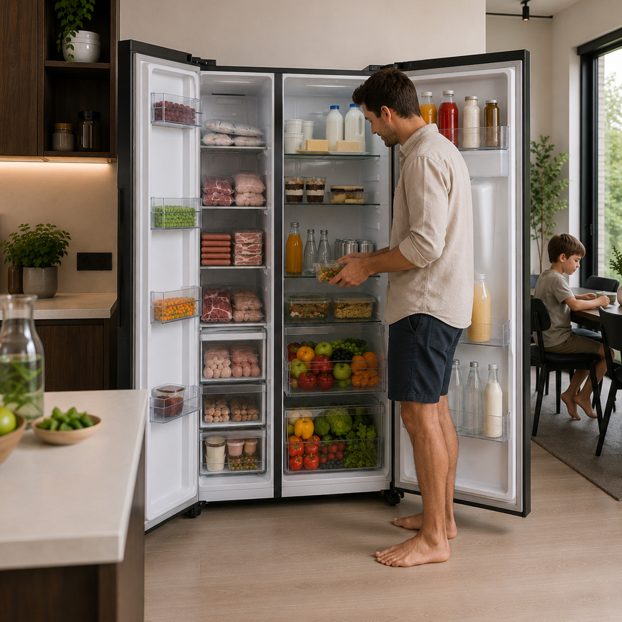 A barefoot man in a kitchen reaches into a large, well-stocked double-door refrigerator. A child sits at a table nearby.