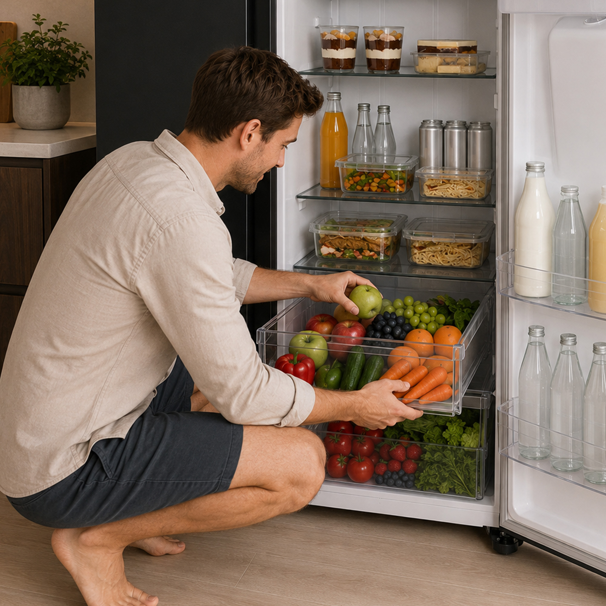 A man kneels before an open refrigerator, reaching into a drawer full of fresh fruits and vegetables.
