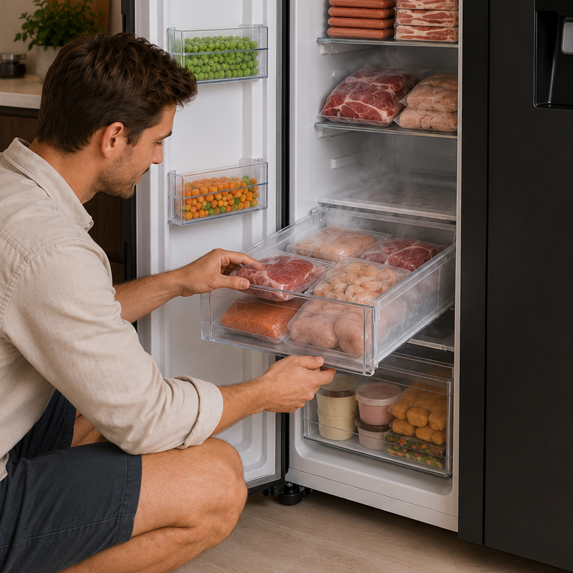 A man opens a freezer drawer in a large refrigerator, filled with packaged meat and vegetables.