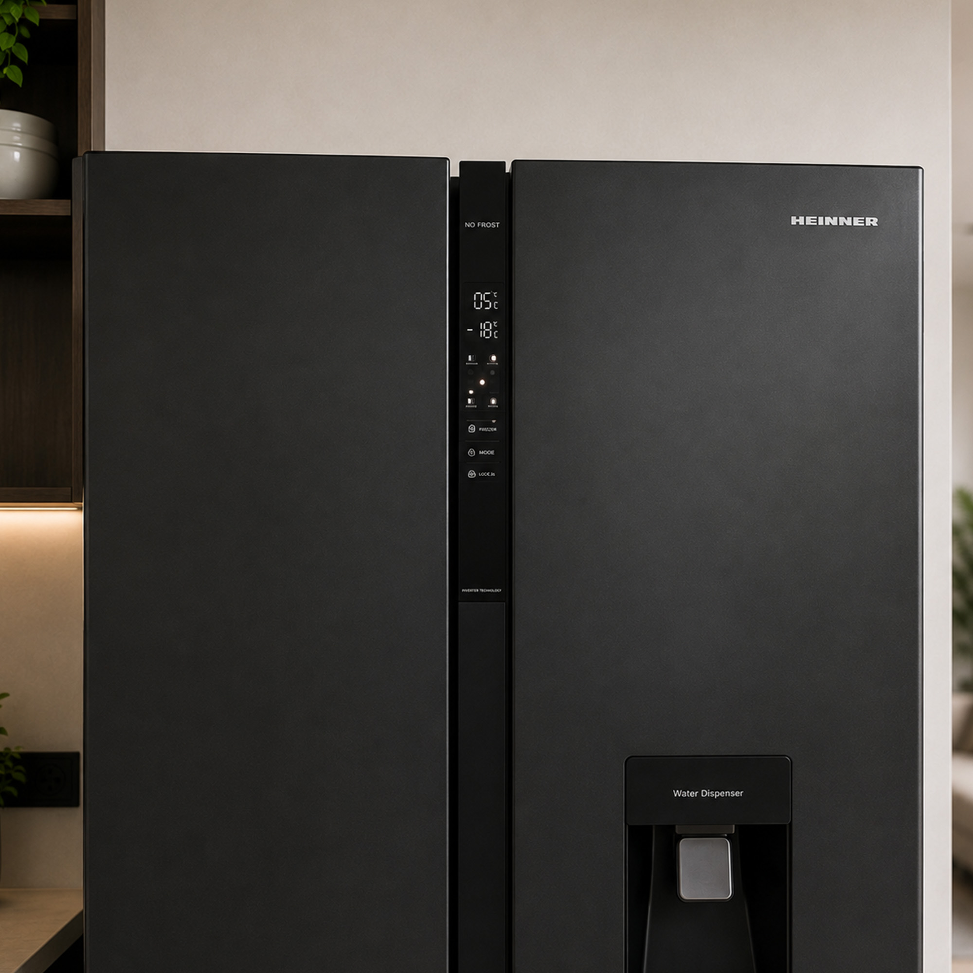 A black Heinner side-by-side refrigerator featuring a digital display, touch controls, and a water dispenser.