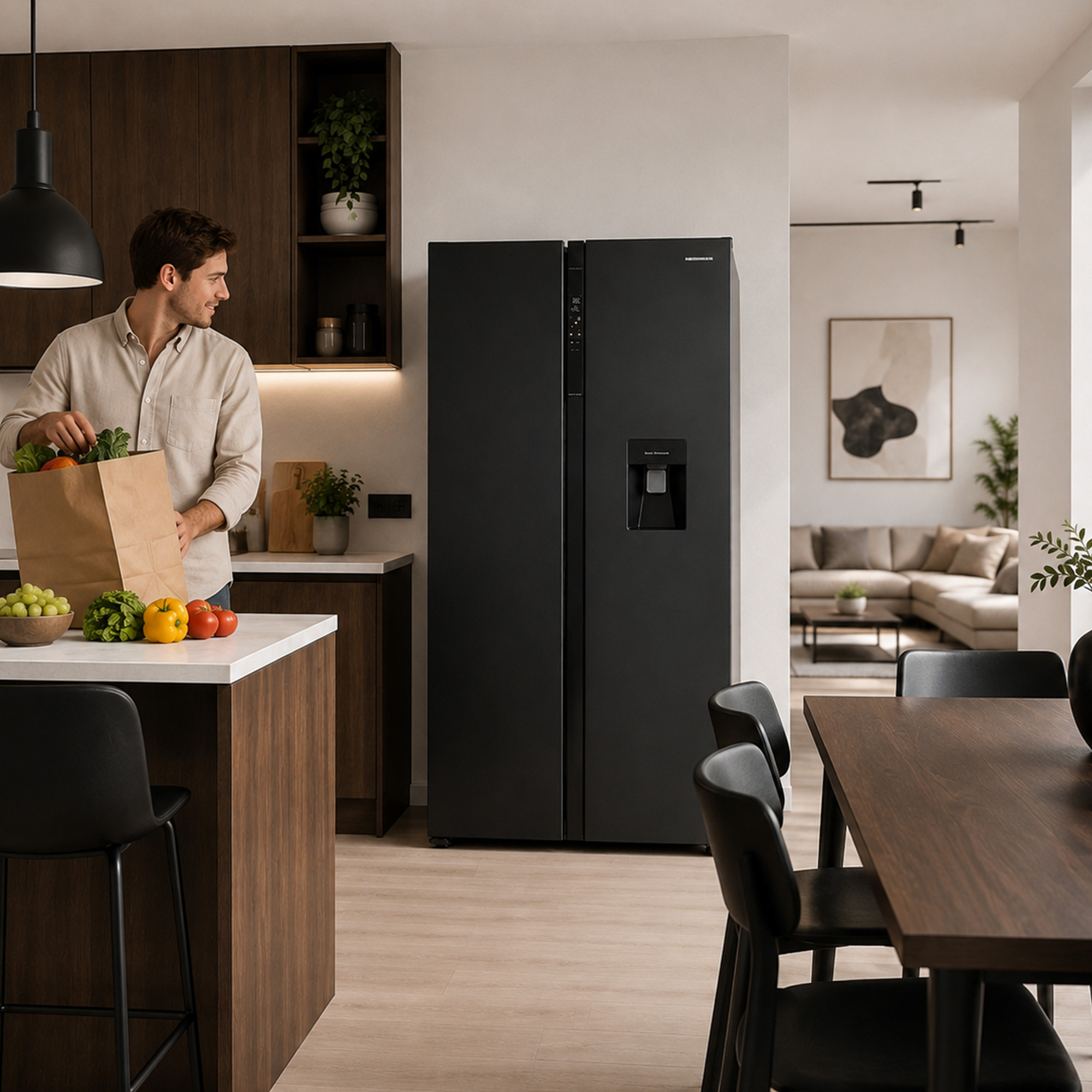 A man in a modern kitchen holds a paper grocery bag next to a large black refrigerator.
