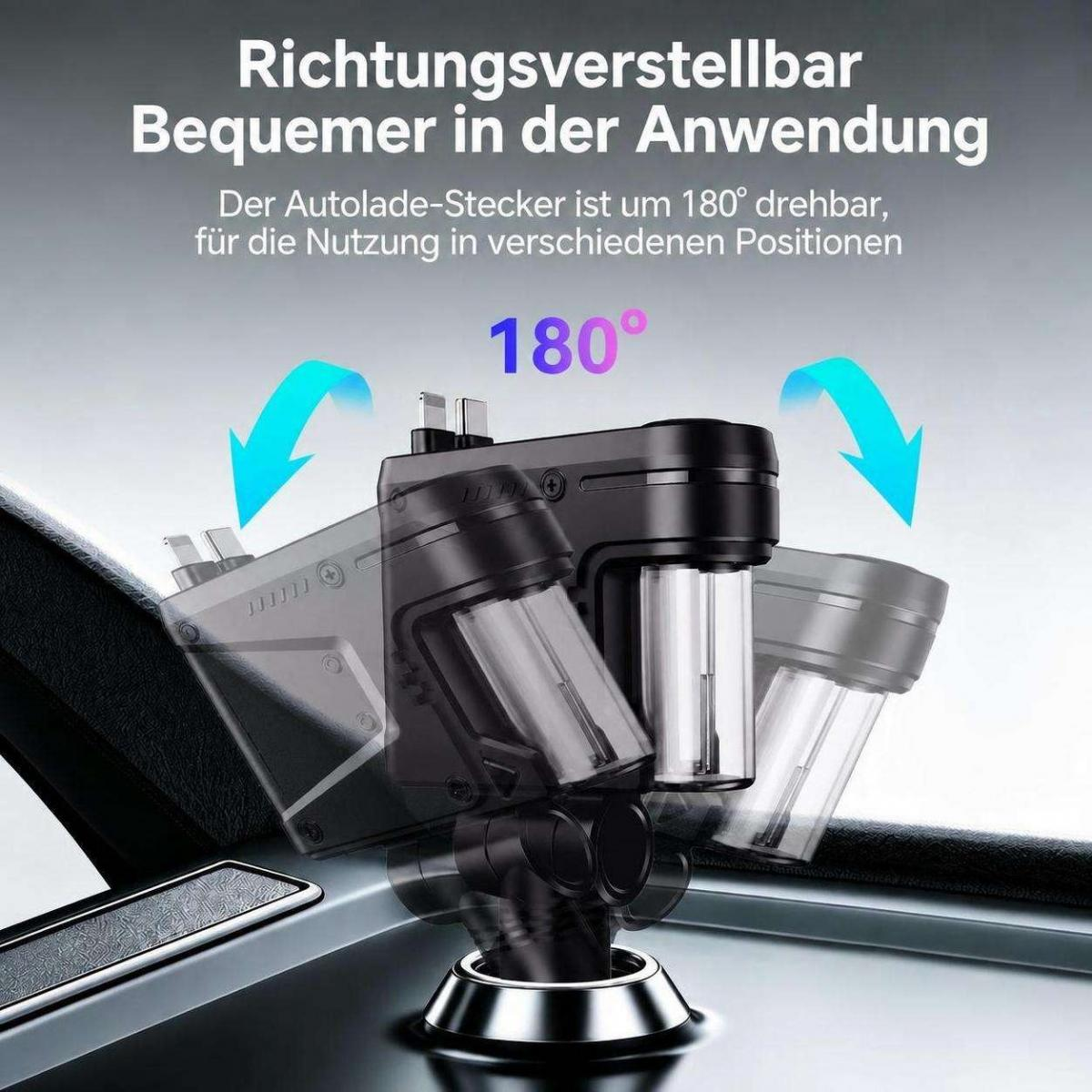 Ein Autolade-Stecker, der um 180 Grad drehbar und richtungsverstellbar ist.