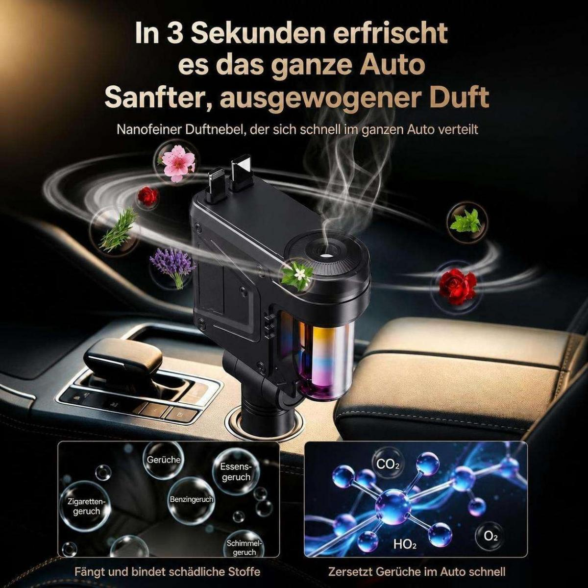 Ein Auto-Aromatizer im Getränkehalter verteilt Duftnebel und entfernt Gerüche.
