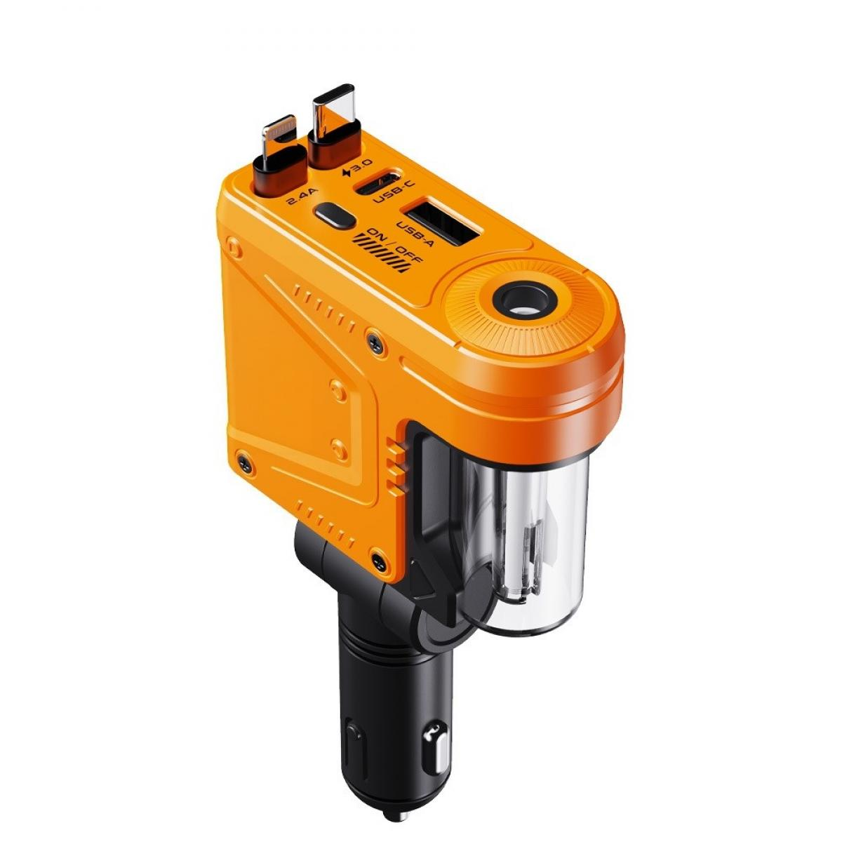 Ein orangefarbenes Mehrfach-Kfz-Ladegerät mit USB-C-, USB-A-Anschlüssen und integriertem Kabel gegen weißen Hintergrund.