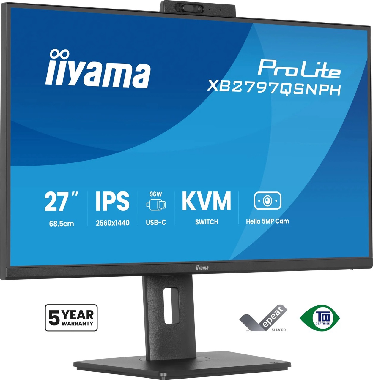 Iiyama ProLite XB2797QSNPH Monitor mit blauer Anzeige, 27 Zoll, IPS, KVM-Switch und integrierter Kamera.