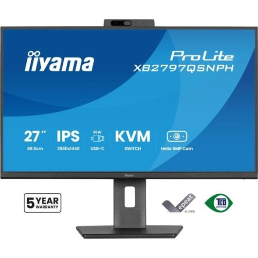 Iiyama ProLite XB2797QSNPH Monitor mit 27 Zoll, IPS, USB-C, KVM und Webcam auf Ständer.