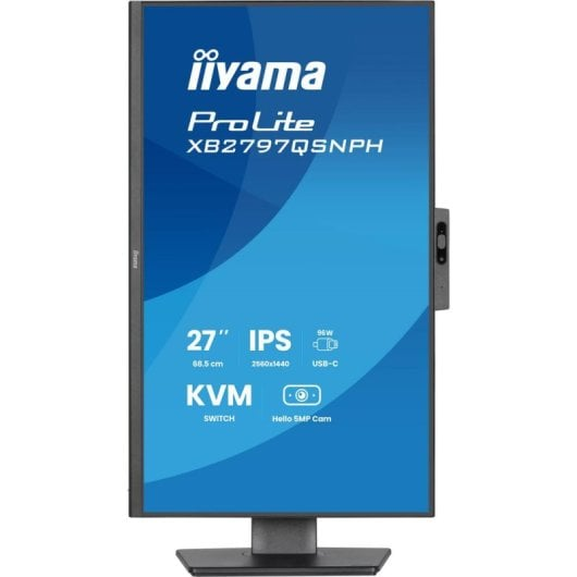 Vertikaler iiyama ProLite Monitor mit blauer Anzeige und technischen Spezifikationen.
