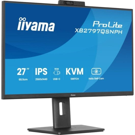 Iiyama ProLite Monitor mit blauer Anzeige, 27 Zoll, IPS, USB-C und integrierter Kamera auf einem schwarzen Standfuß.