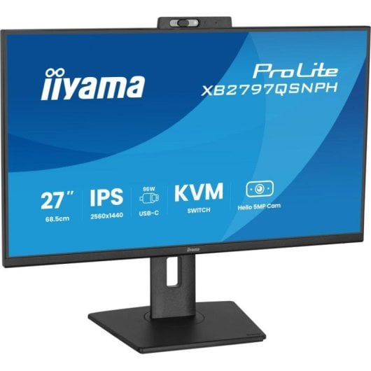 Ein schwarzer Iiyama ProLite Monitor mit Webcam und blauer Displayanzeige auf einem Ständer.