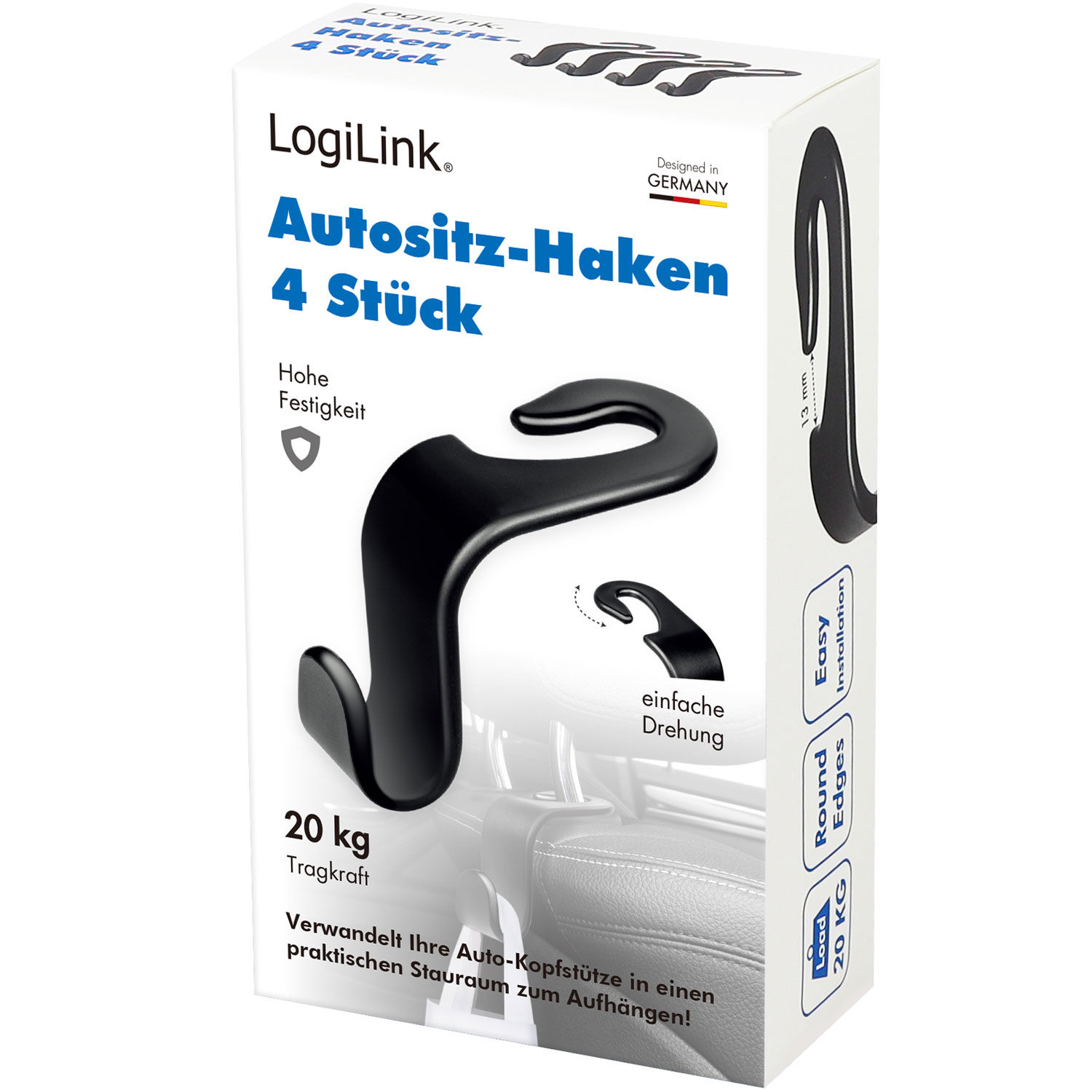 Verpackung von LogiLink Autositz-Haken mit vier schwarzen Kunststoffhaken für Kopfstützen.