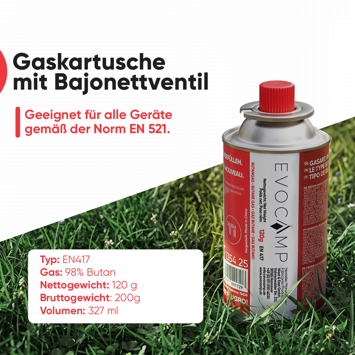 Eine Evocamp Gaskartusche mit Bajonettventil im Gras, dazu technische Daten und deutscher Text.