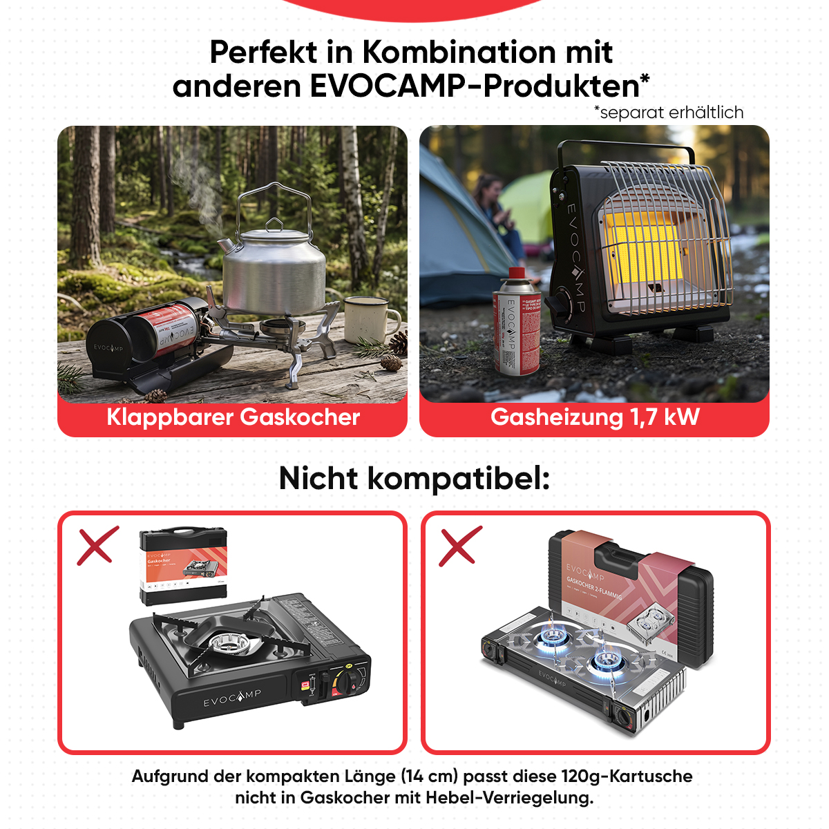 Evocamp Gaskocher und Gasheizung Kompatibilitätsübersicht mit Produktbildern und Warnhinweisen.