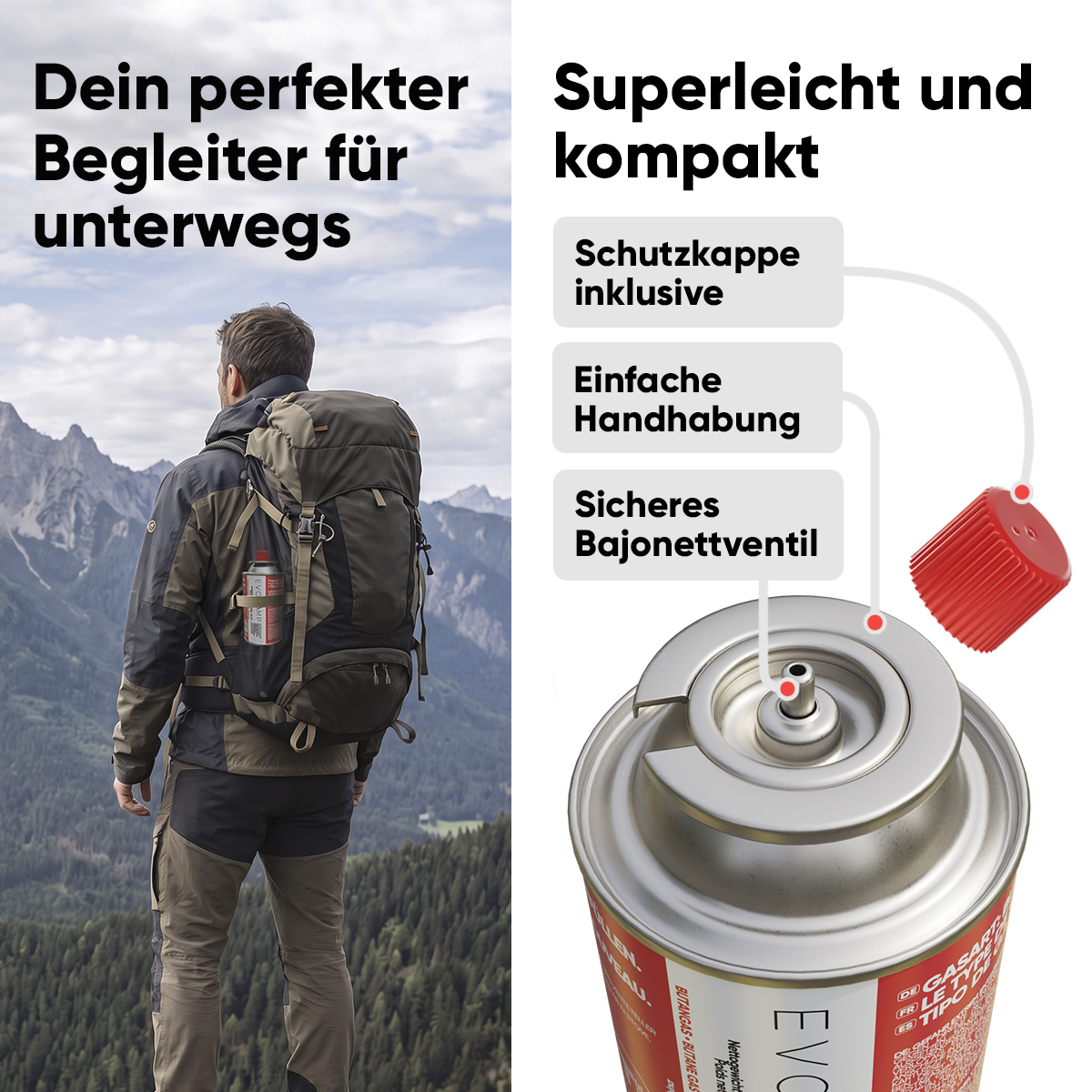 Wanderer vor Bergkulisse und Detailansicht einer Gaskartusche mit Sicherheitsventil und Schutzkappe.
