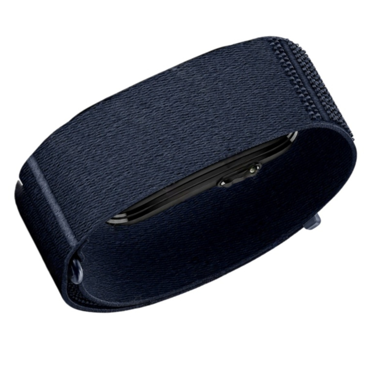 Dunkelblaues, gewebtes Smartwatch-Armband, offen geschlungen auf weißem Hintergrund.
