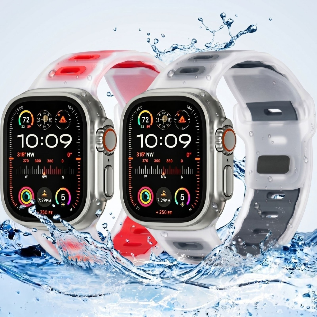 Zwei Smartwatches mit bunten Silikonarmbändern stehen im spritzenden Wasser.