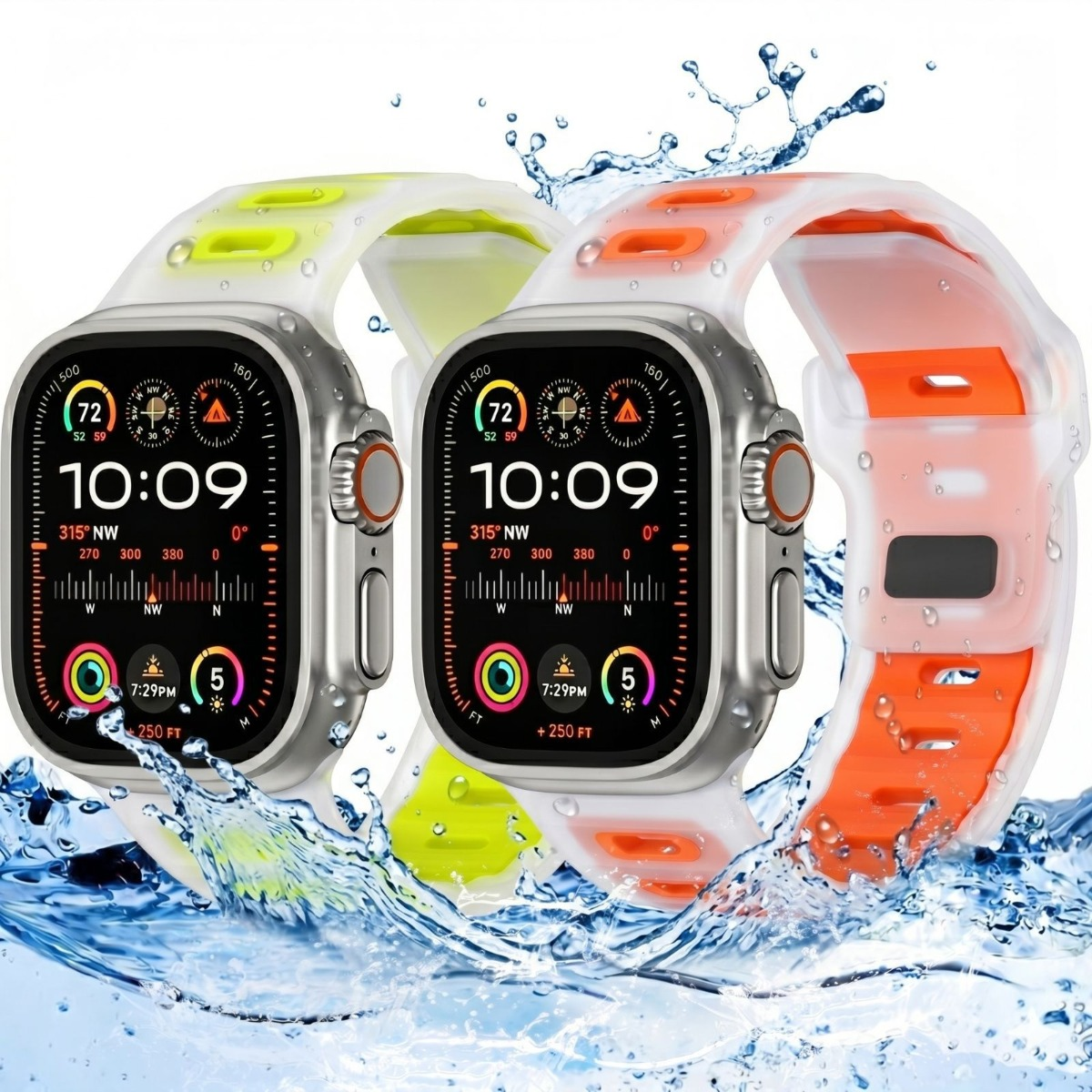 Zwei Smartwatches mit transparenten gelben und orangenen Armbändern stehen in spritzendem Wasser.