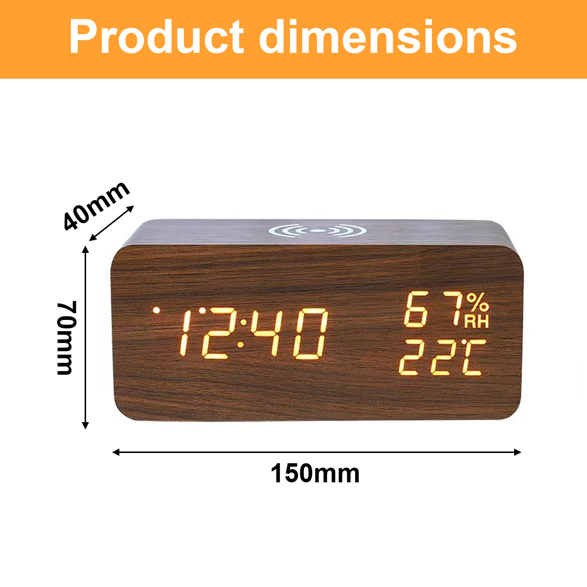 Holzdigitaluhr mit Maßen 150x70x40mm, Zeitanzeige, Luftfeuchtigkeit und Temperatur.