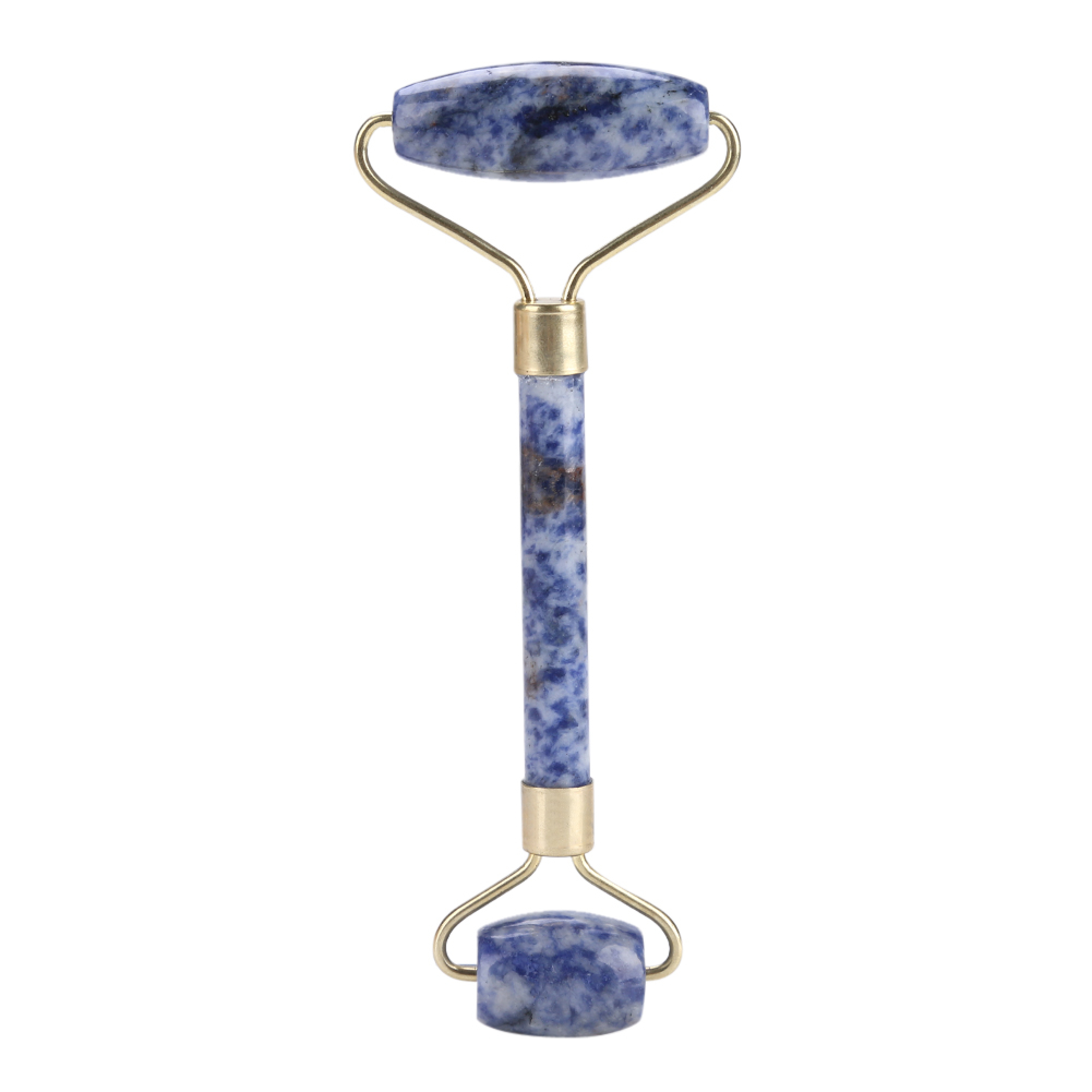 Ein blauer Edelstein-Gesichtsroller mit goldenem Metallrahmen vor weißem Hintergrund.