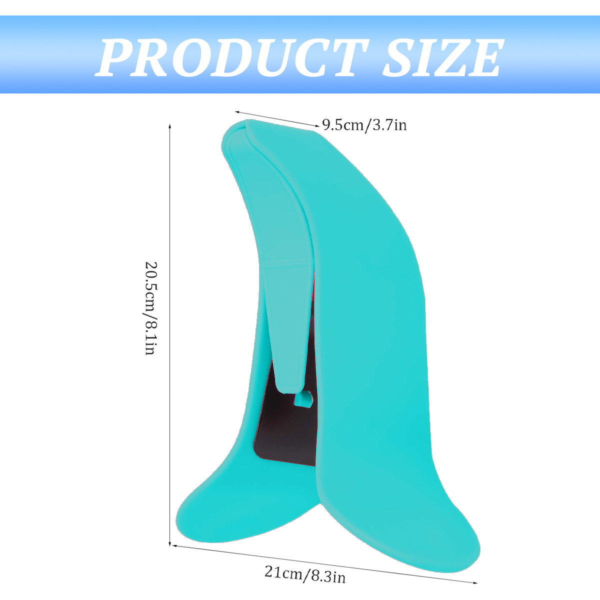 Diagramm zeigt die Produktgröße von 20.5cm mal 21cm mal 9.5cm eines türkisen Utensils.