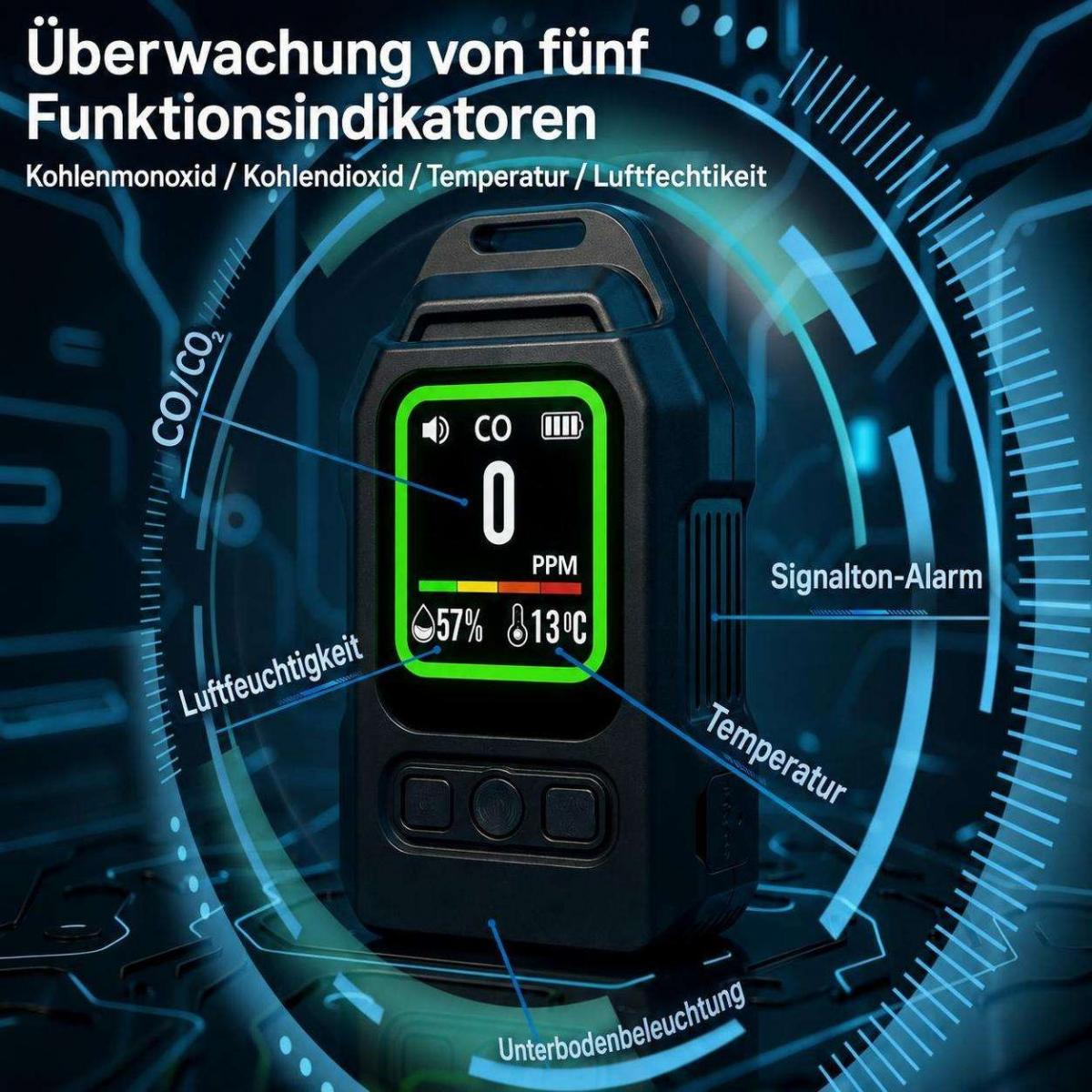 Ein schwarzes Messgerät mit grünem Display zeigt Kohlenmonoxid, Luftfeuchtigkeit und Temperatur an.