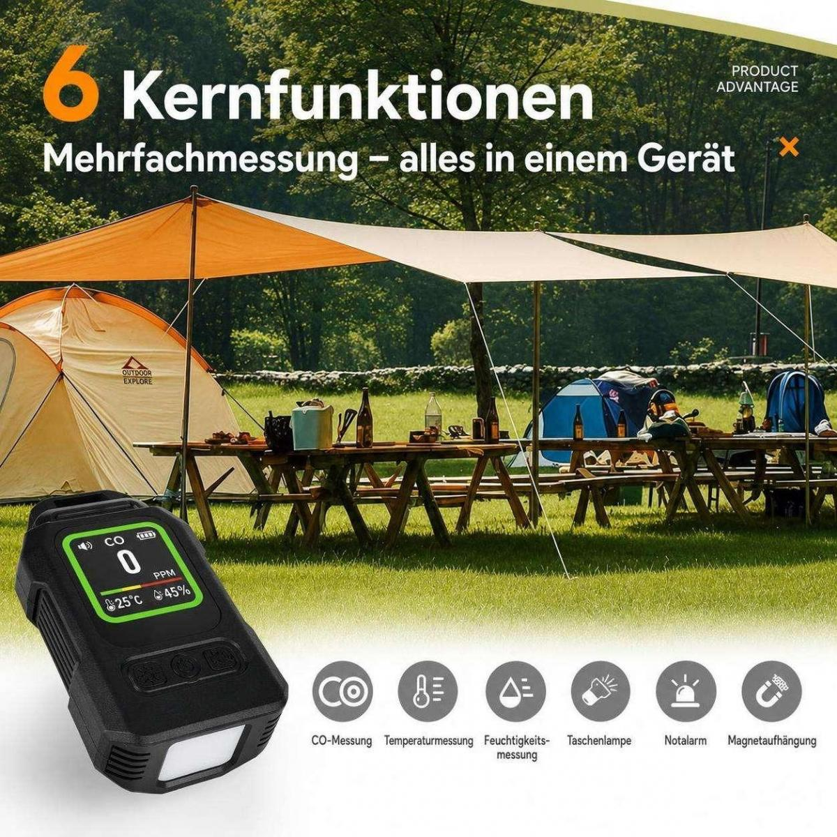 Ein kleines schwarzes Messgerät mit grünem Bildschirm zeigt CO2, Temperatur und Feuchtigkeit beim Camping.
