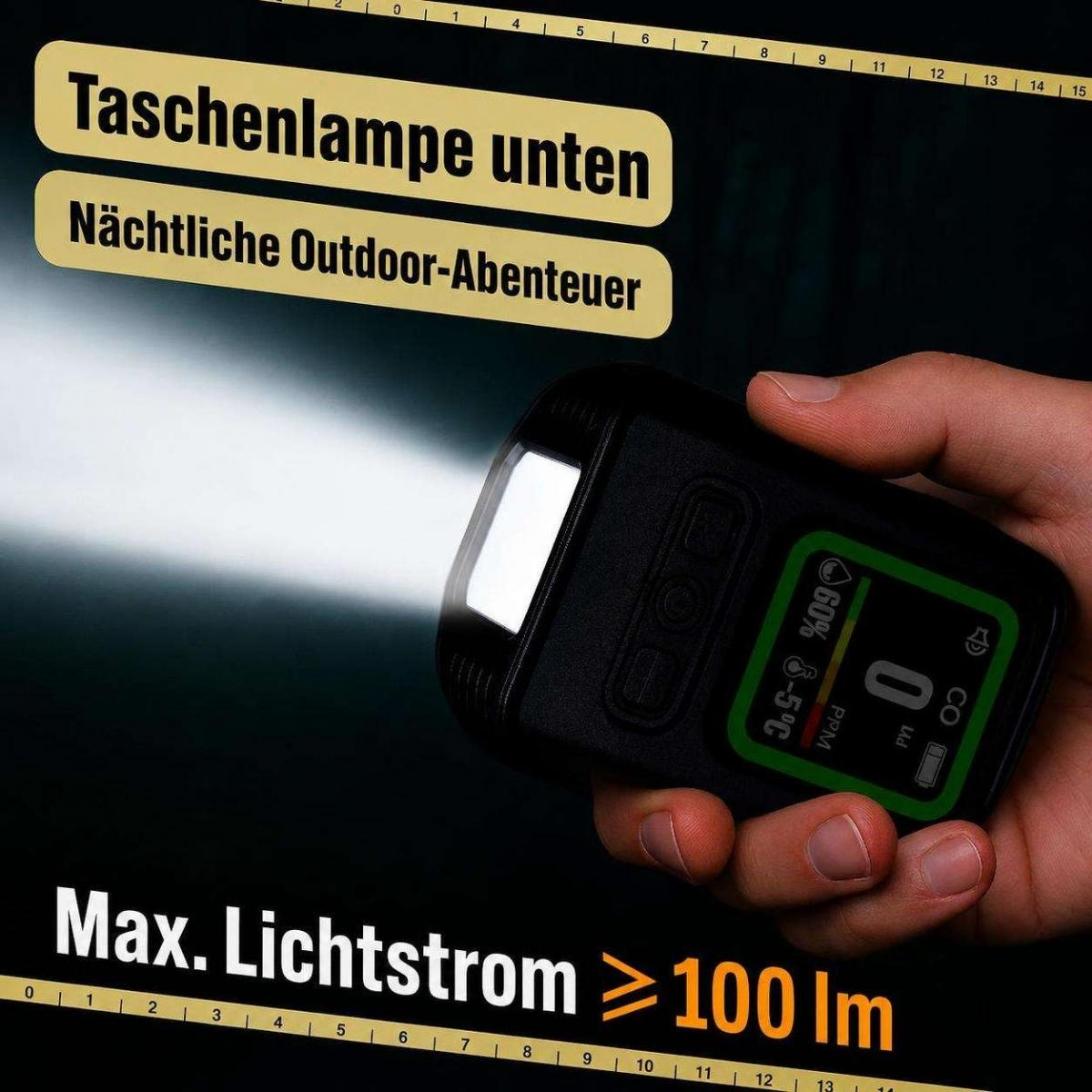 Eine Hand hält eine kompakte schwarze Taschenlampe, die einen hellen Lichtstrahl erzeugt, mit deutscher Textüberlagerung.