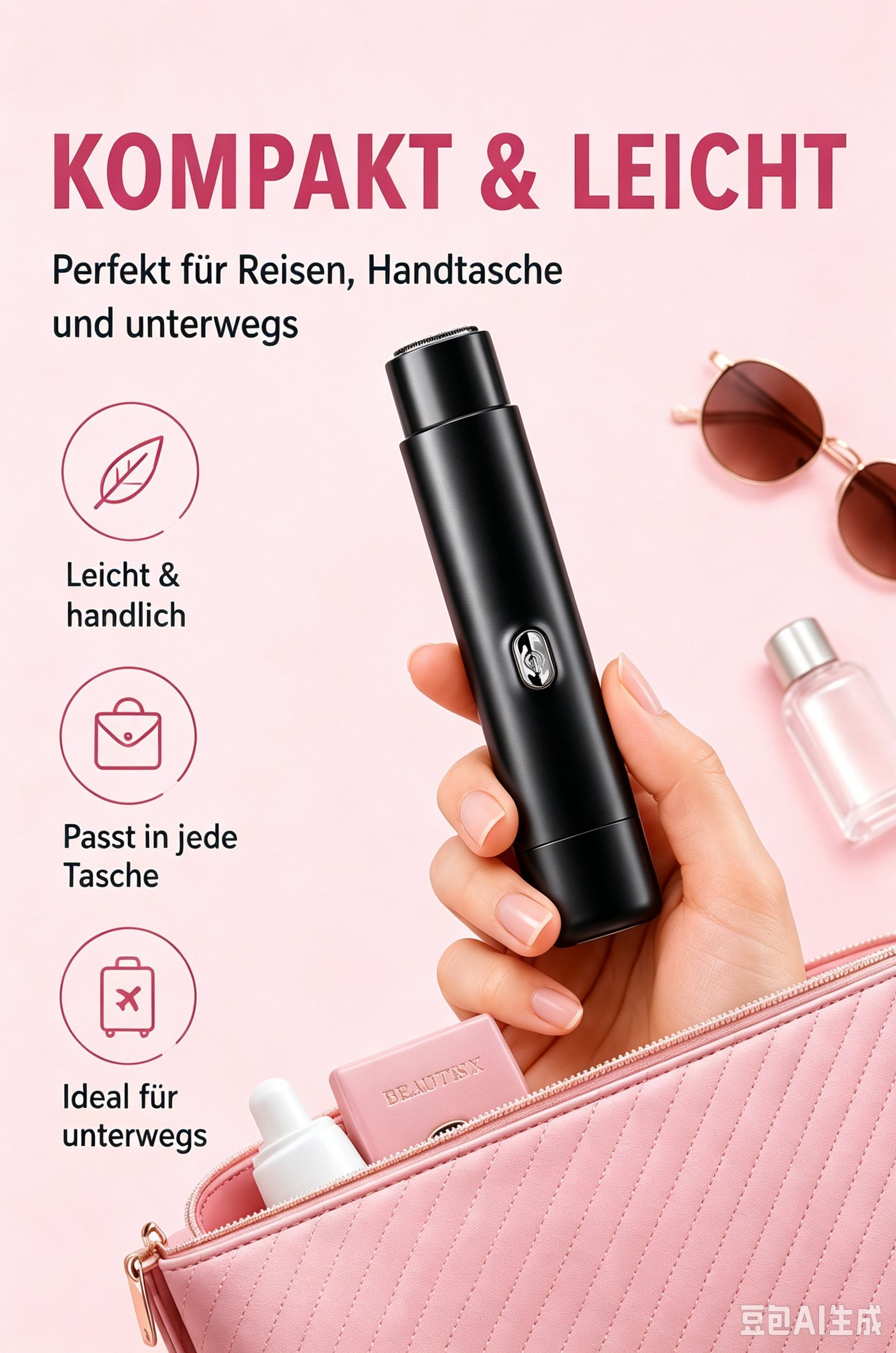 Eine Hand hält einen schwarzen Rasierer über einer rosa Kosmetiktasche, mit Sonnenbrille und Fläschchen im Hintergrund.