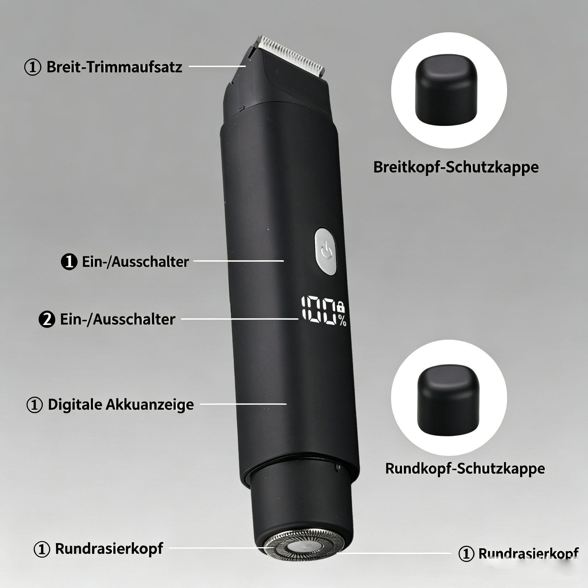 Ein schwarzes Pflegegerät mit digitalem Display, Ein-Aus-Schalter und Schutzkappen vor grauem Hintergrund.
