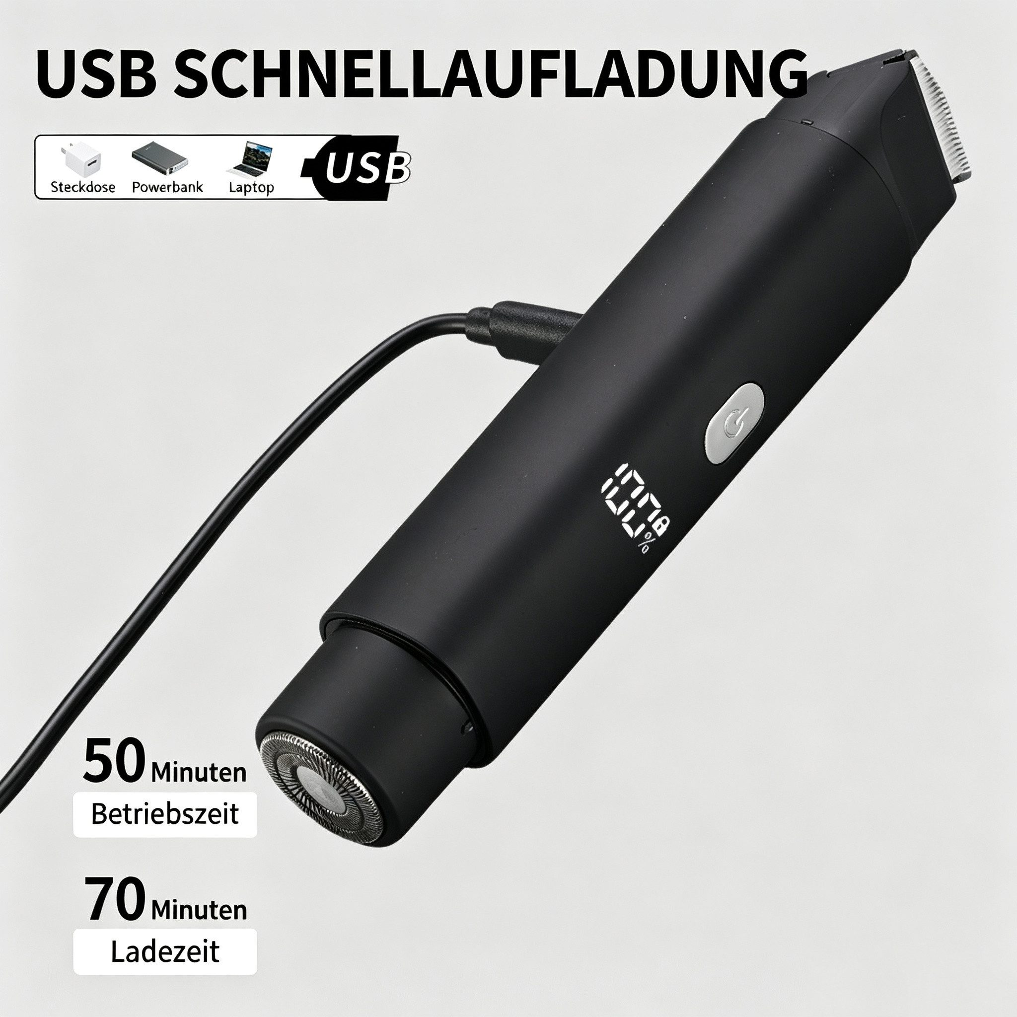 Ein schwarzer Rasierer mit USB-Ladekabel, digitaler Anzeige und Texten zur Lauf- und Ladezeit.