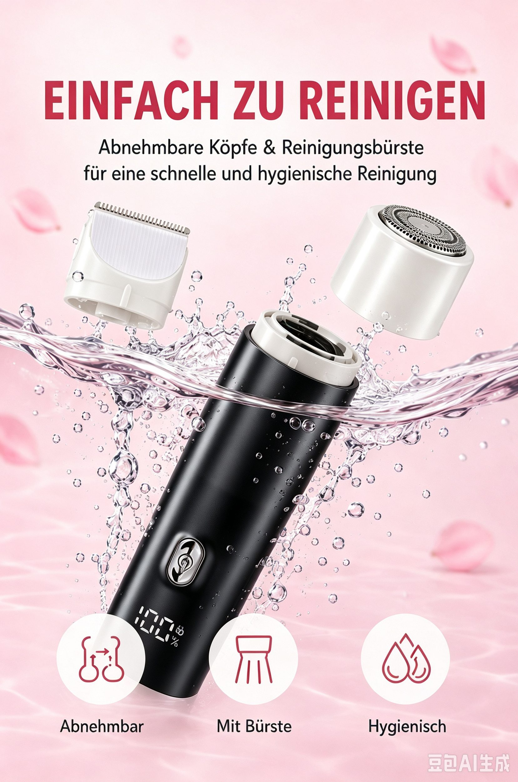 Ein schwarzer Rasierer mit abnehmbaren Köpfen im Wasser spritzt, umgeben von Text und Symbolen.