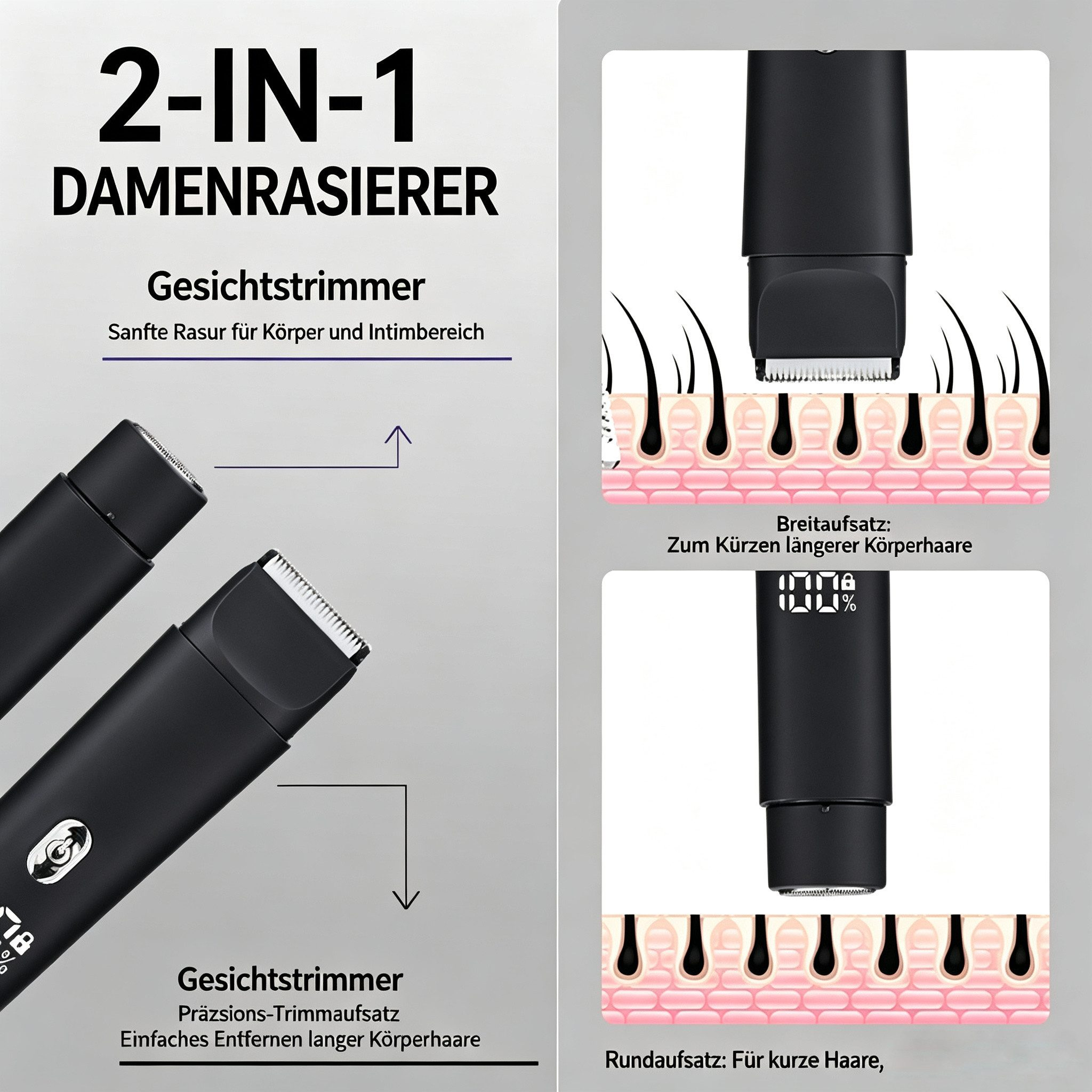 2-in-1 Damenrasierer mit verschiedenen Aufsätzen für präzises Trimmen und Rasieren von Körperhaaren.