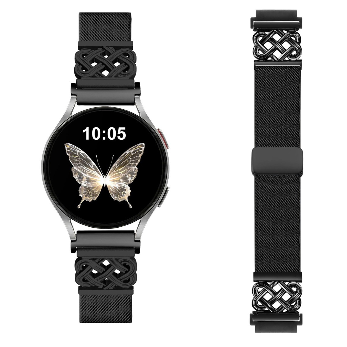 Eine schwarze Smartwatch mit Zopfmuster-Armband und Schmetterlings-Zifferblatt.