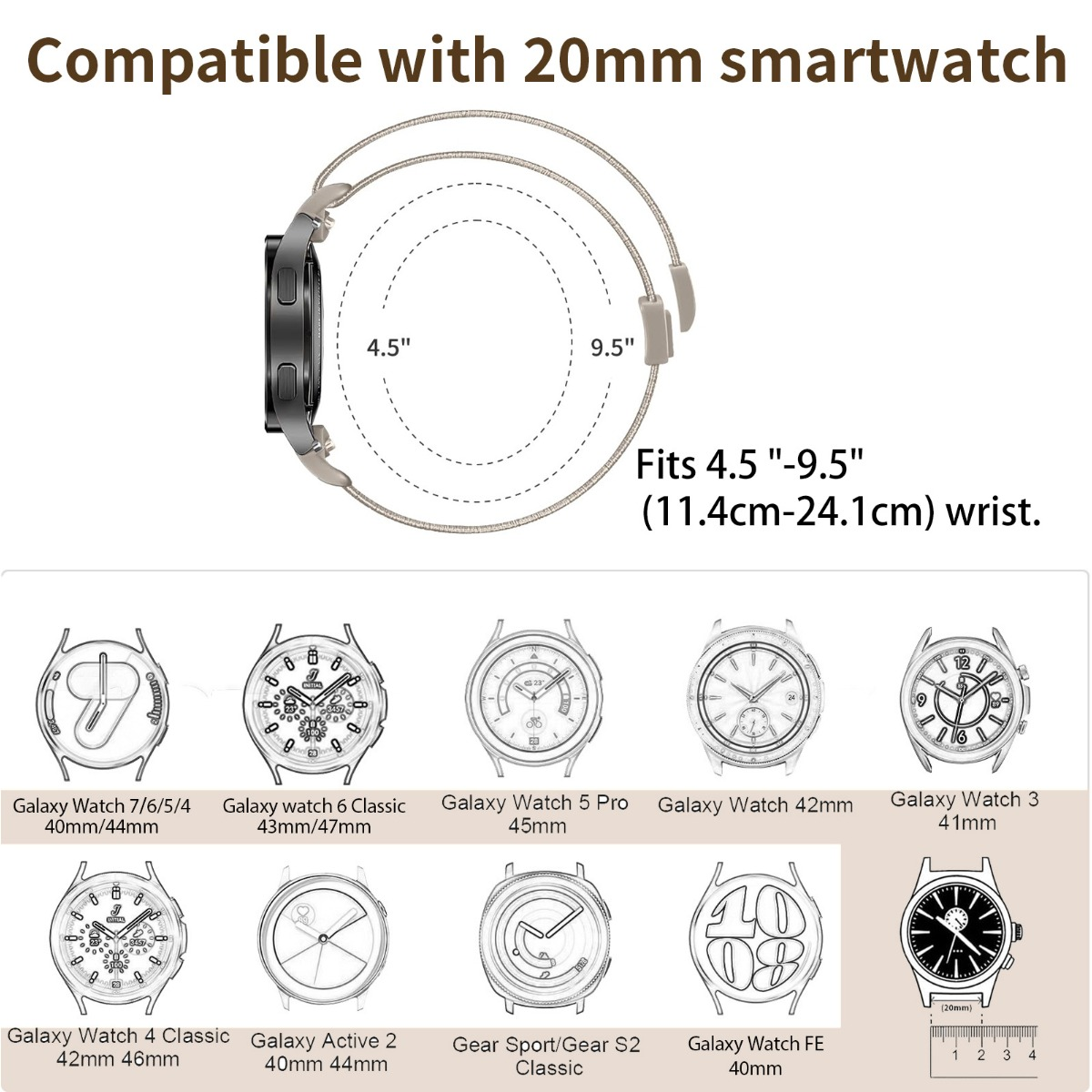 Kompatible Smartwatch-Größen und Handgelenkmaße für ein 20mm-Armband mit Produktbeispielen.