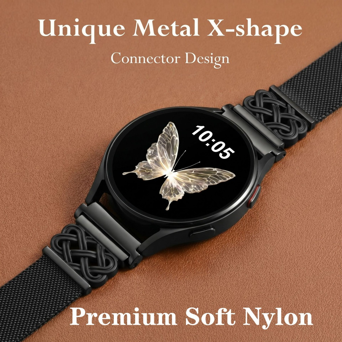 Schwarze Smartwatch mit runder Anzeige, Schmetterlings-Zifferblatt und geflochtenem Armband auf braunem Hintergrund.