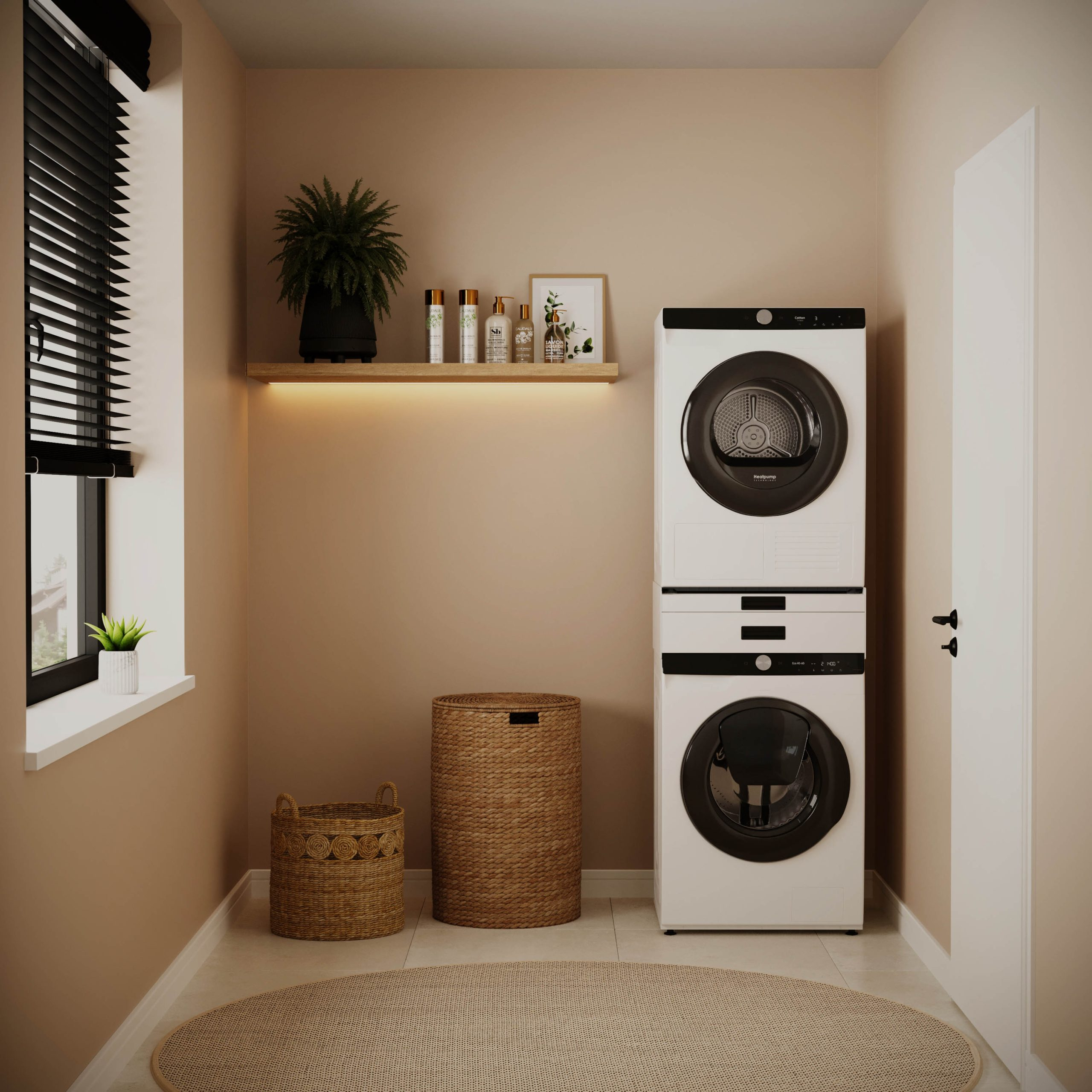 Moderne bijkeuken met gestapelde wasmachine en droger, planken met planten en geweven manden.