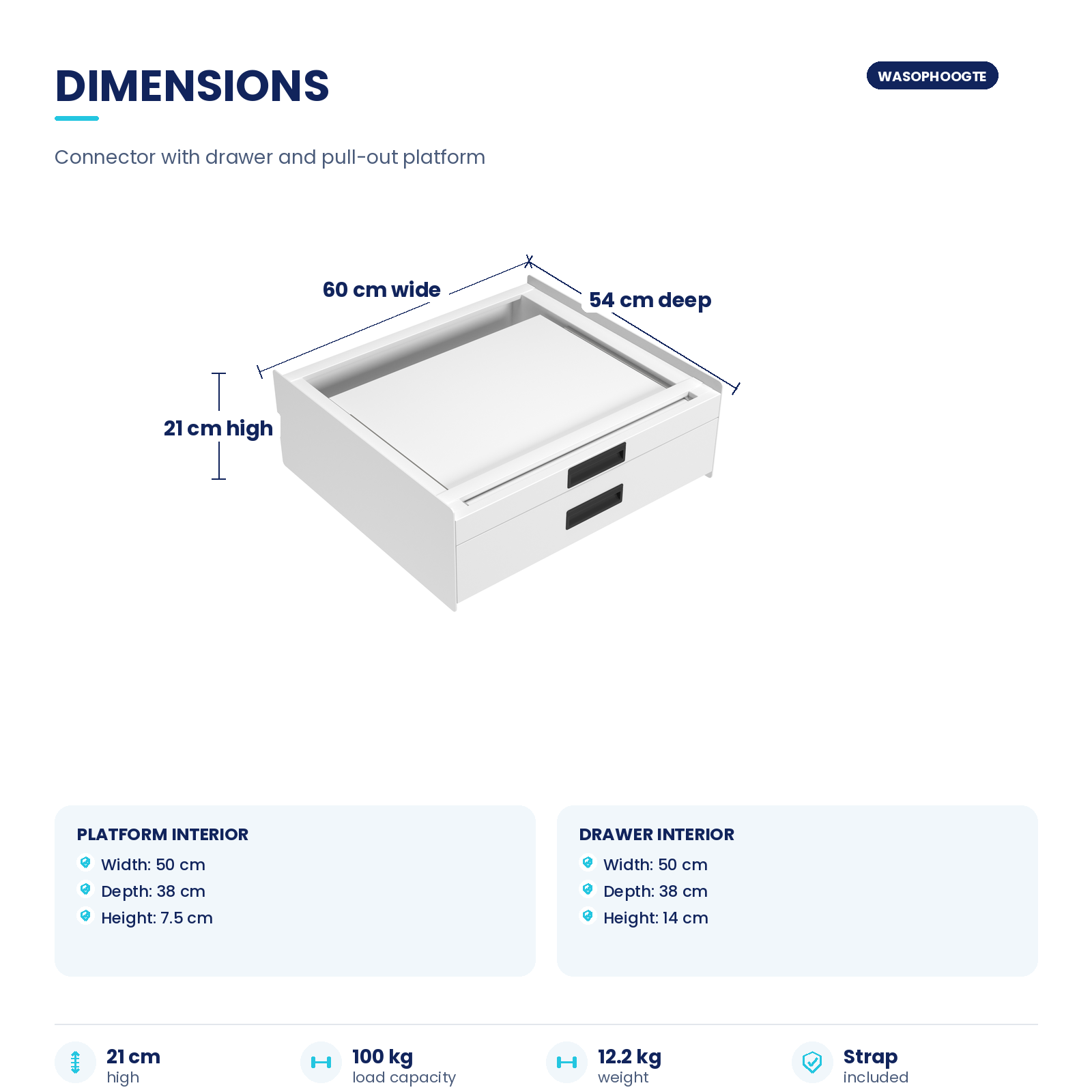 Technische tekening met afmetingen van een witte connector met la en uittrekbaar plateau.