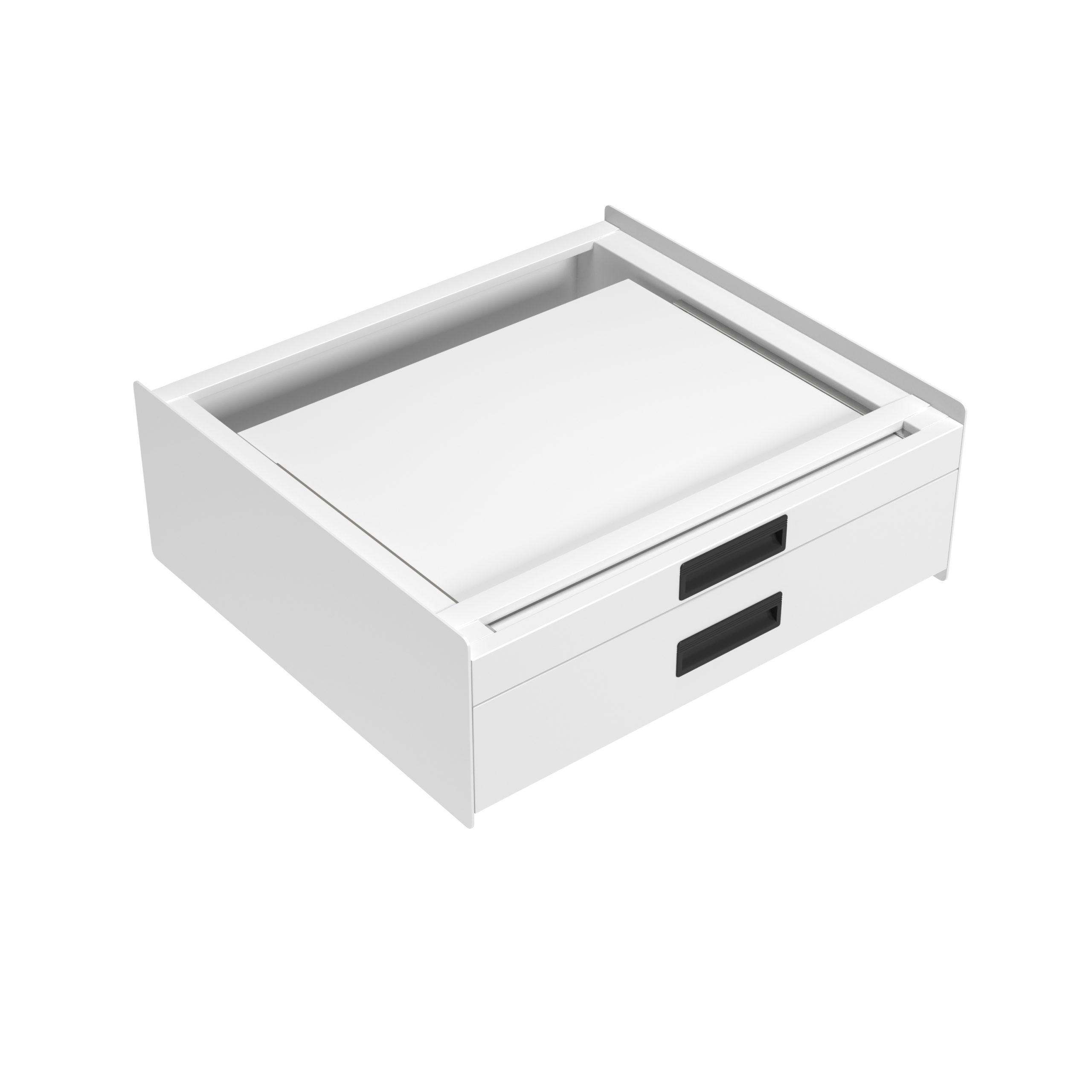 Een witte eenheid met twee lades en zwarte rechthoekige handgrepen, vanuit een hoge hoek op een witte achtergrond.