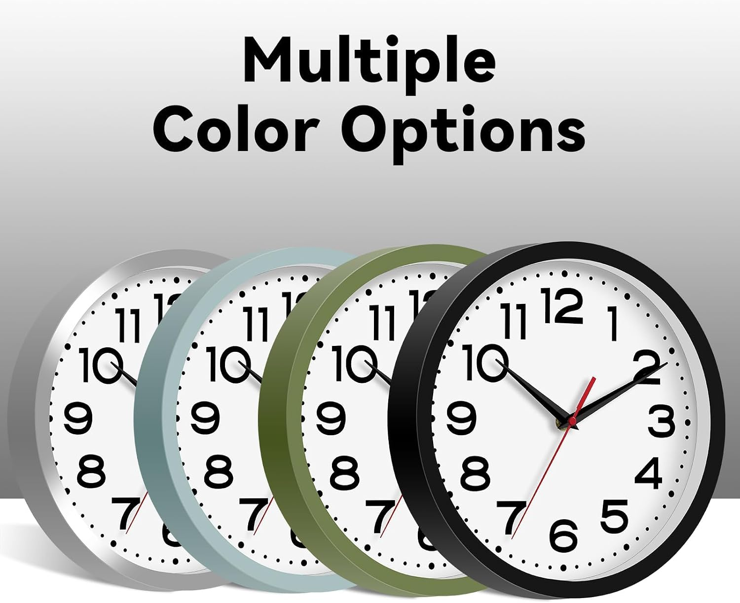 Vier Wanduhren in Silber, Blau, Grün und Schwarz werden unter dem Text Multiple Color Options angezeigt.