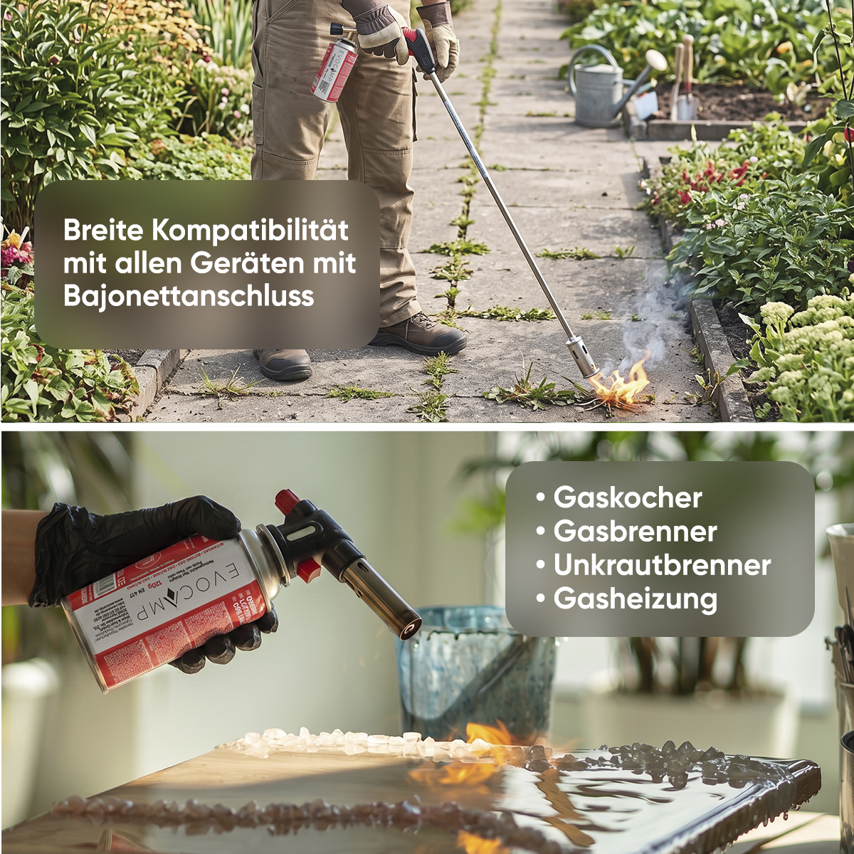 Ein Unkrautbrenner entfernt Unkraut auf einem Steinweg und eine Gaskartusche wird für ein Feuer genutzt.