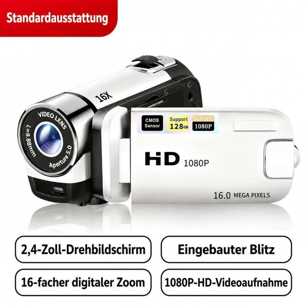Weiße HD-Videokamera mit offenem Display und technischer Ausstattung wie 16x Zoom.