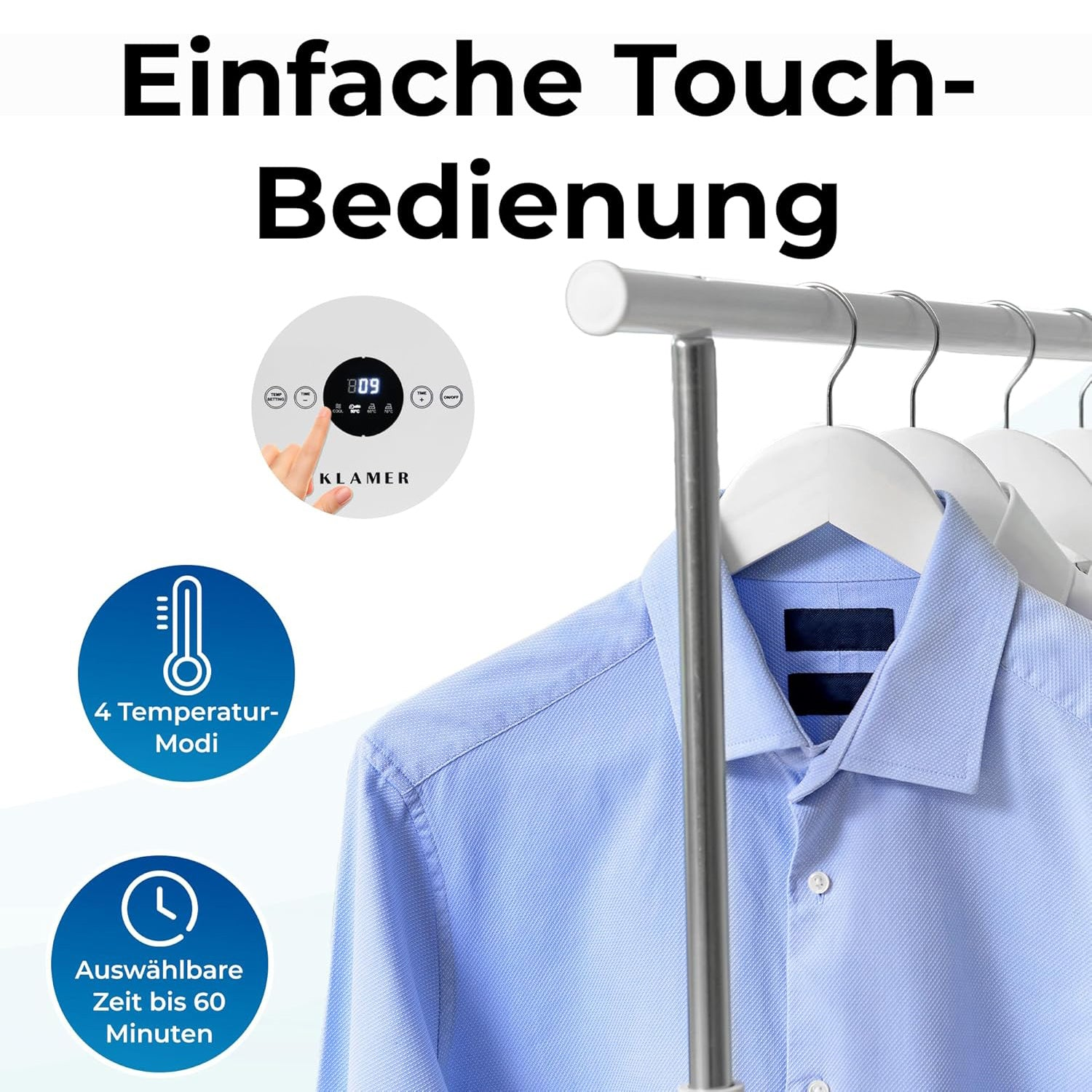 Blaue Hemden auf weißen Bügeln an einer Stange, mit Grafiken zu Touch-Bedienung, Temperatur und Zeit.