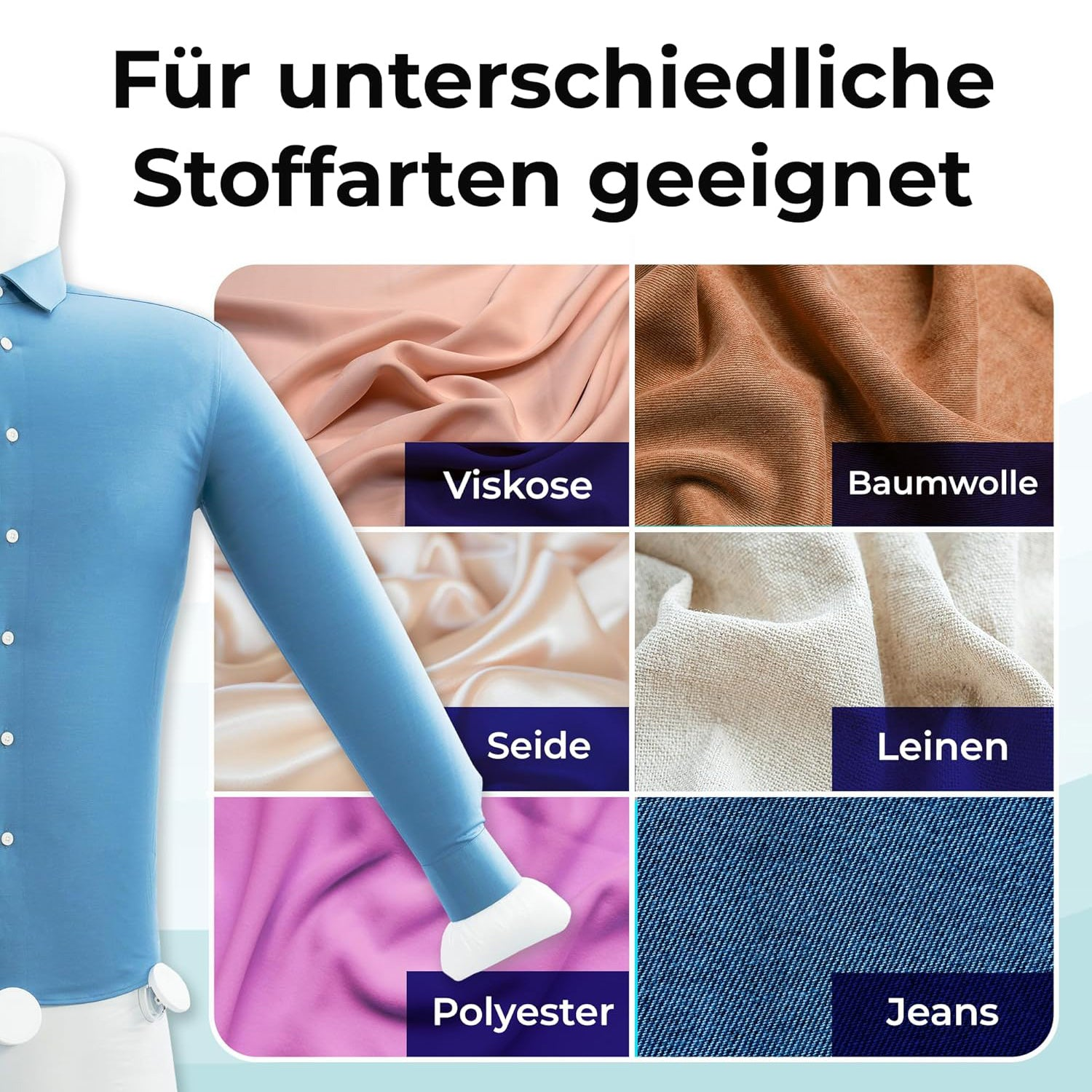 Verschiedene Stoffe wie Viskose, Baumwolle, Seide, Leinen, Polyester und Jeans neben einem blauen Hemd.