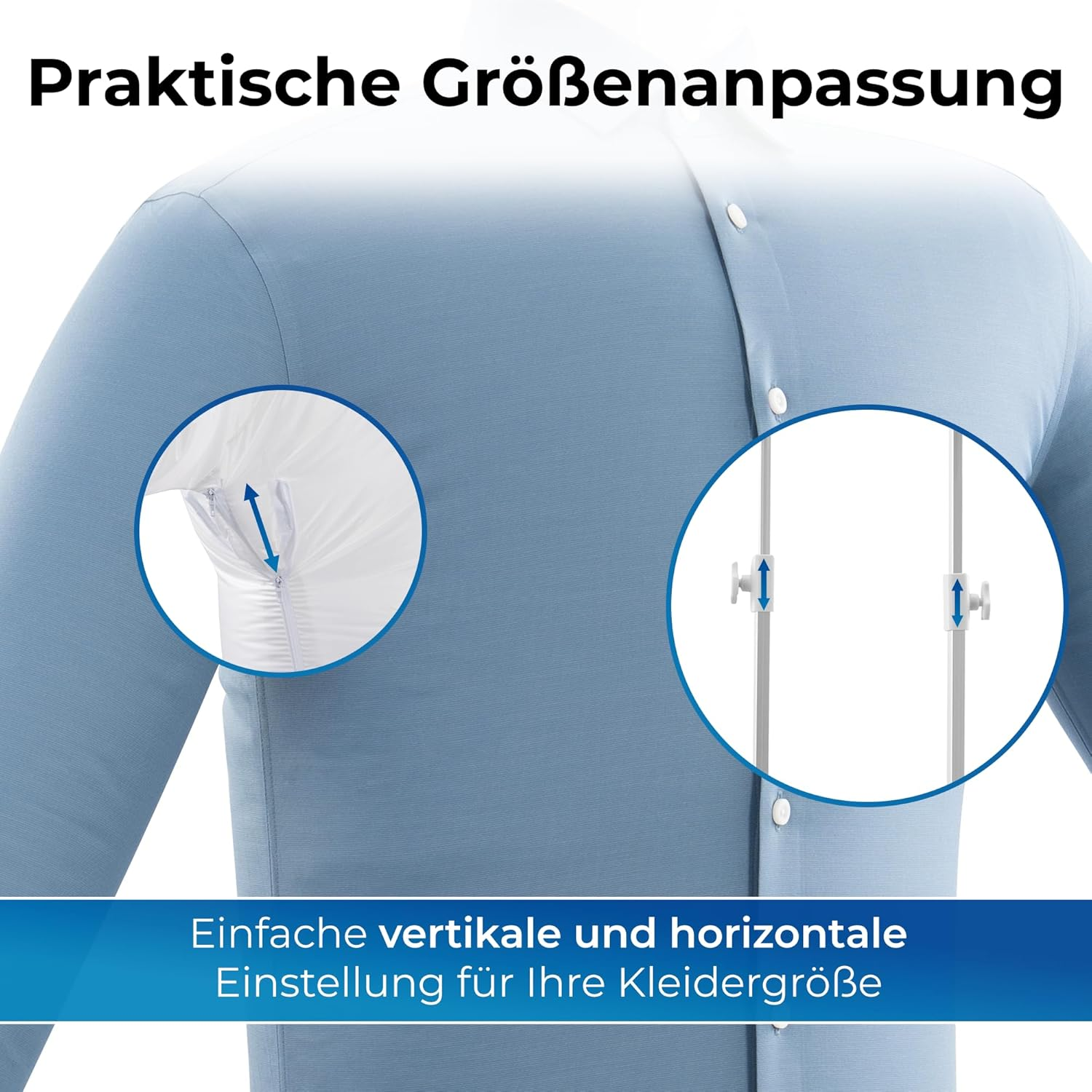 Blaue Hemd mit zwei Zoom-Kreisen, die verstellbare Reißverschlüsse und Stangen zeigen.