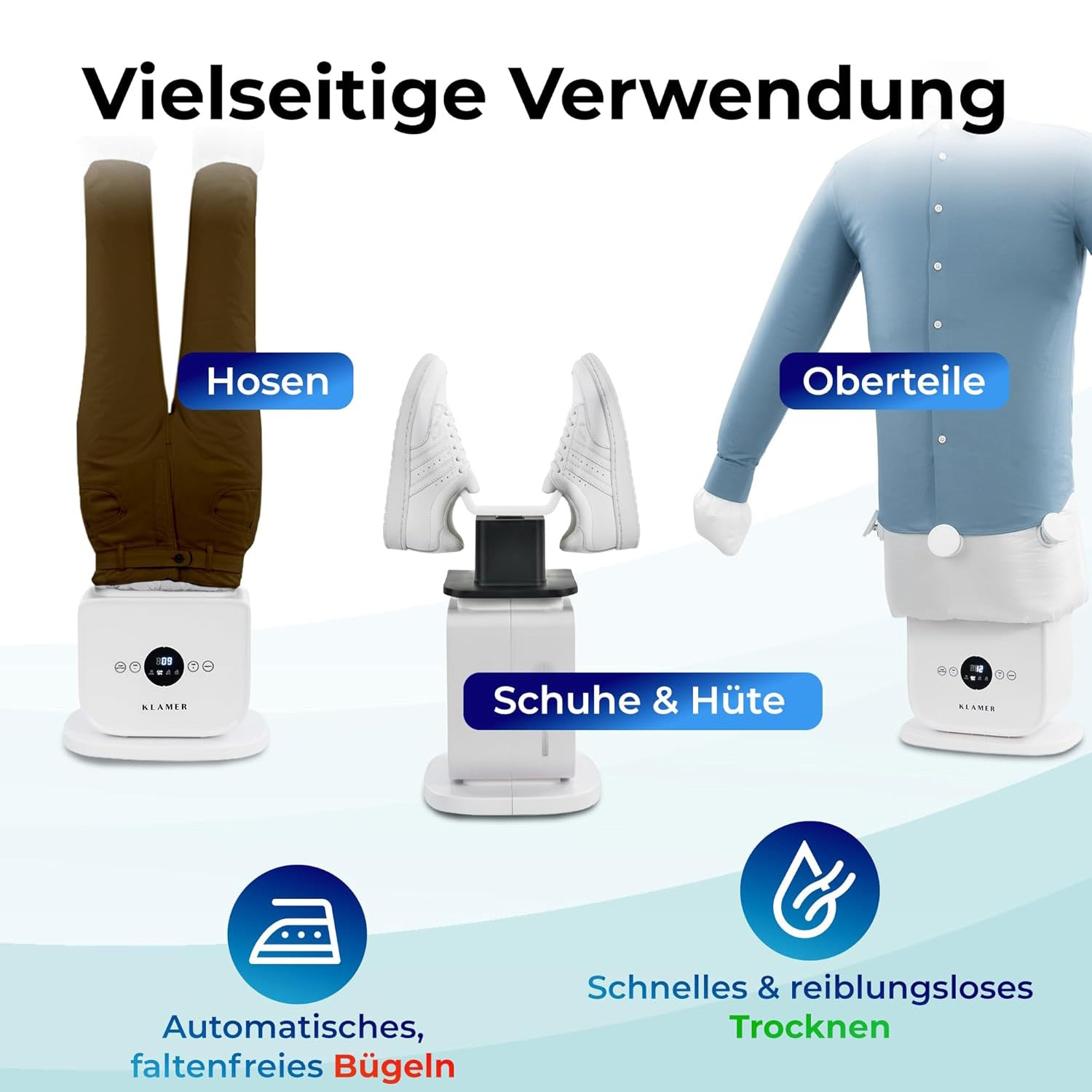 Ein Gerät zum automatischen und faltenfreien Trocknen von Hosen, Schuhen und Hemden.