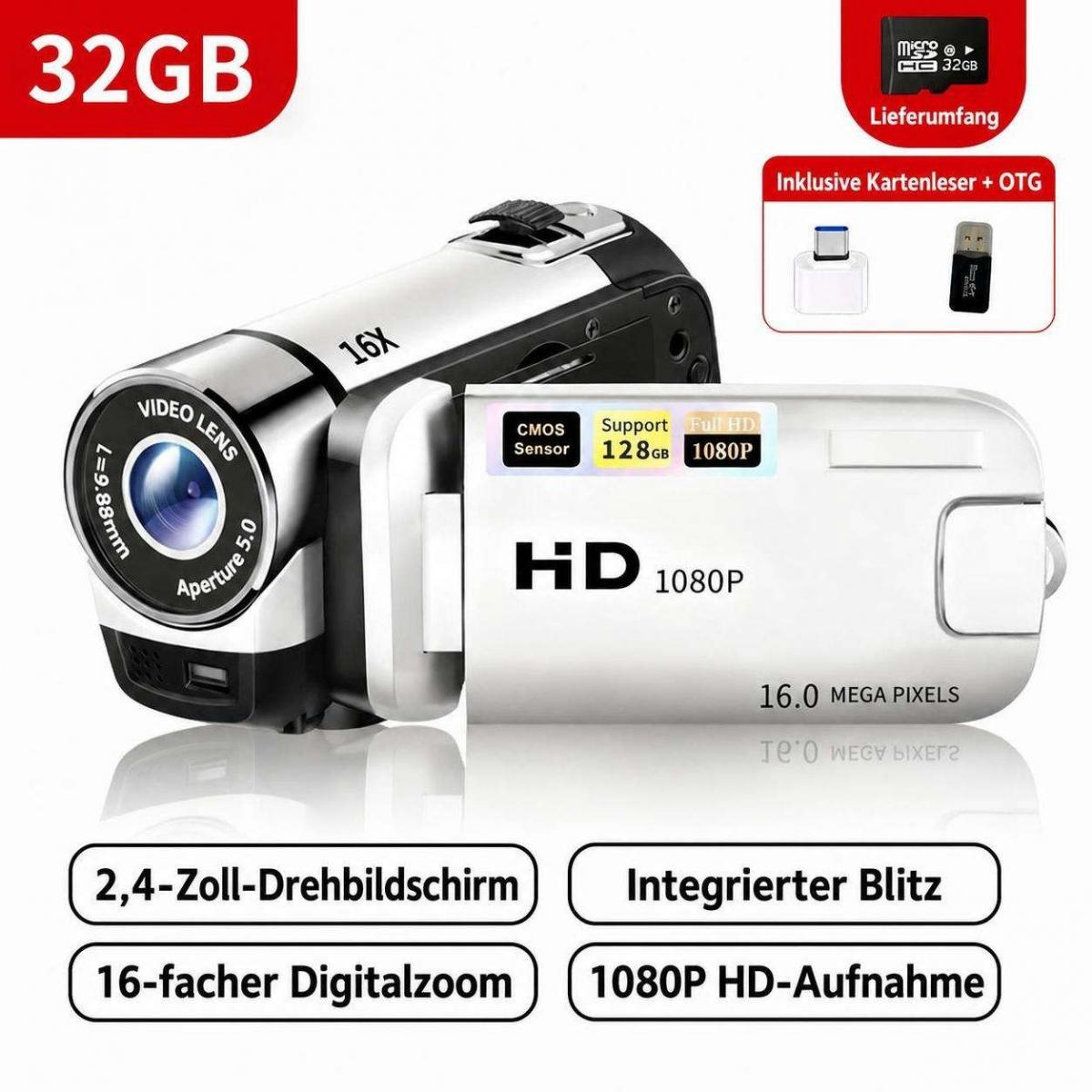 Ein silberner HD-Camcorder mit 16-fach-Zoom, 1080p-Aufnahme und Zubehör.