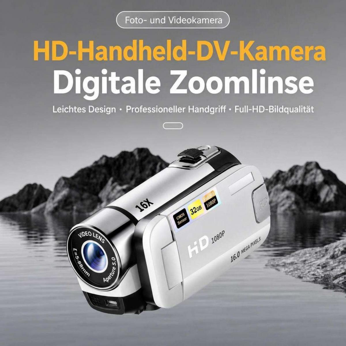 Eine weiße HD-Handheld-Videokamera mit digitaler Zoomlinse und deutschem Werbetext vor bergiger Flusslandschaft.