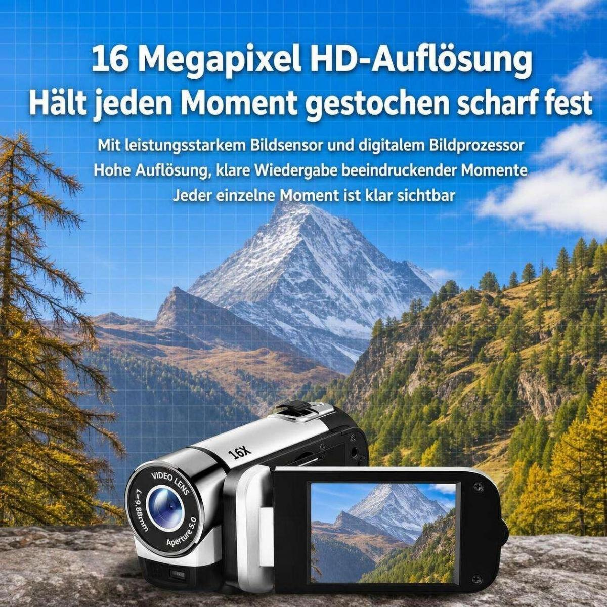 Eine Videokamera vor einer Bergkulisse mit Text auf dem Bild für 16-Megapixel-Auflösung.