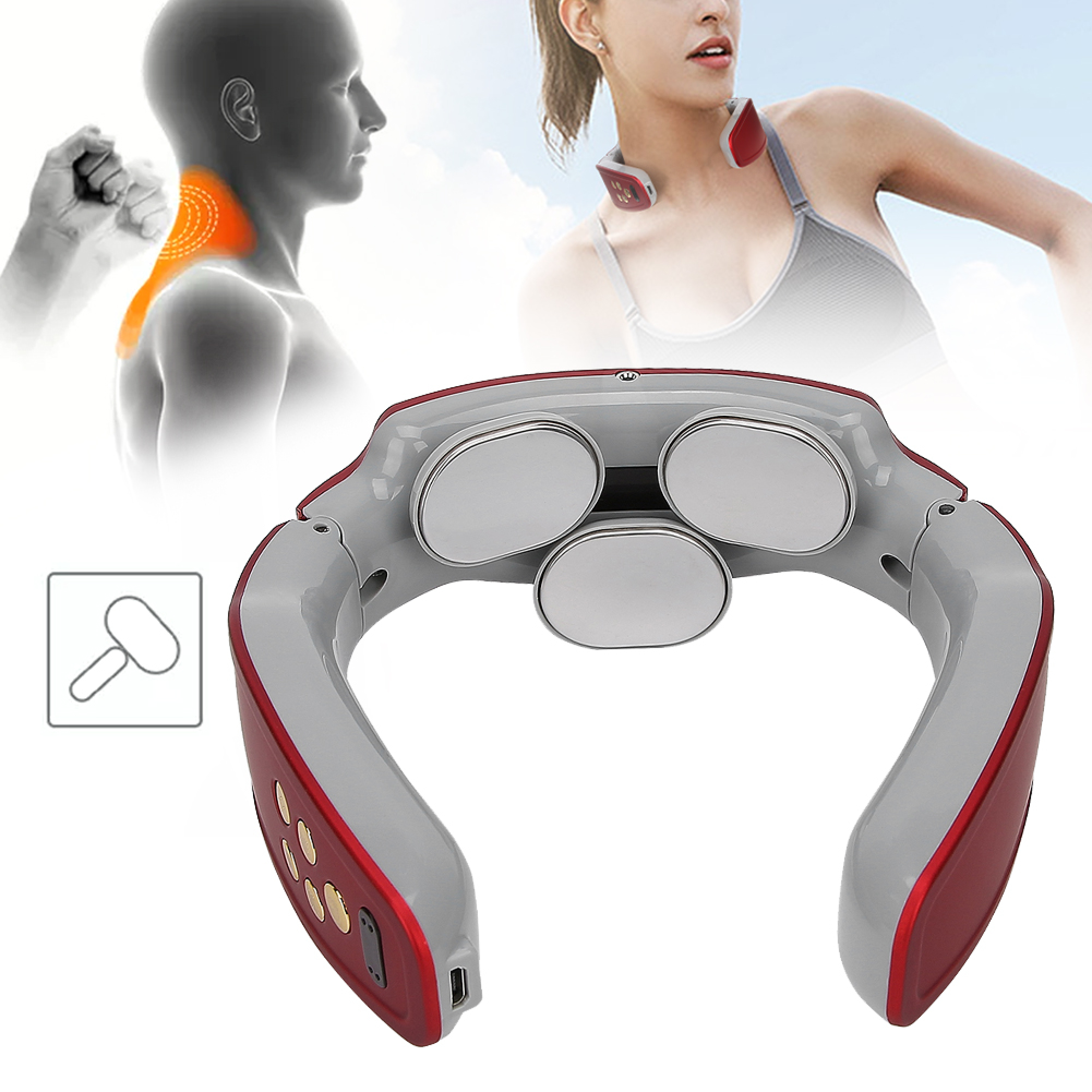 Ein rot-grauer elektronischer Nackenmassageapparat mit drei Kontaktpads, gezeigt mit Diagramm und Person.